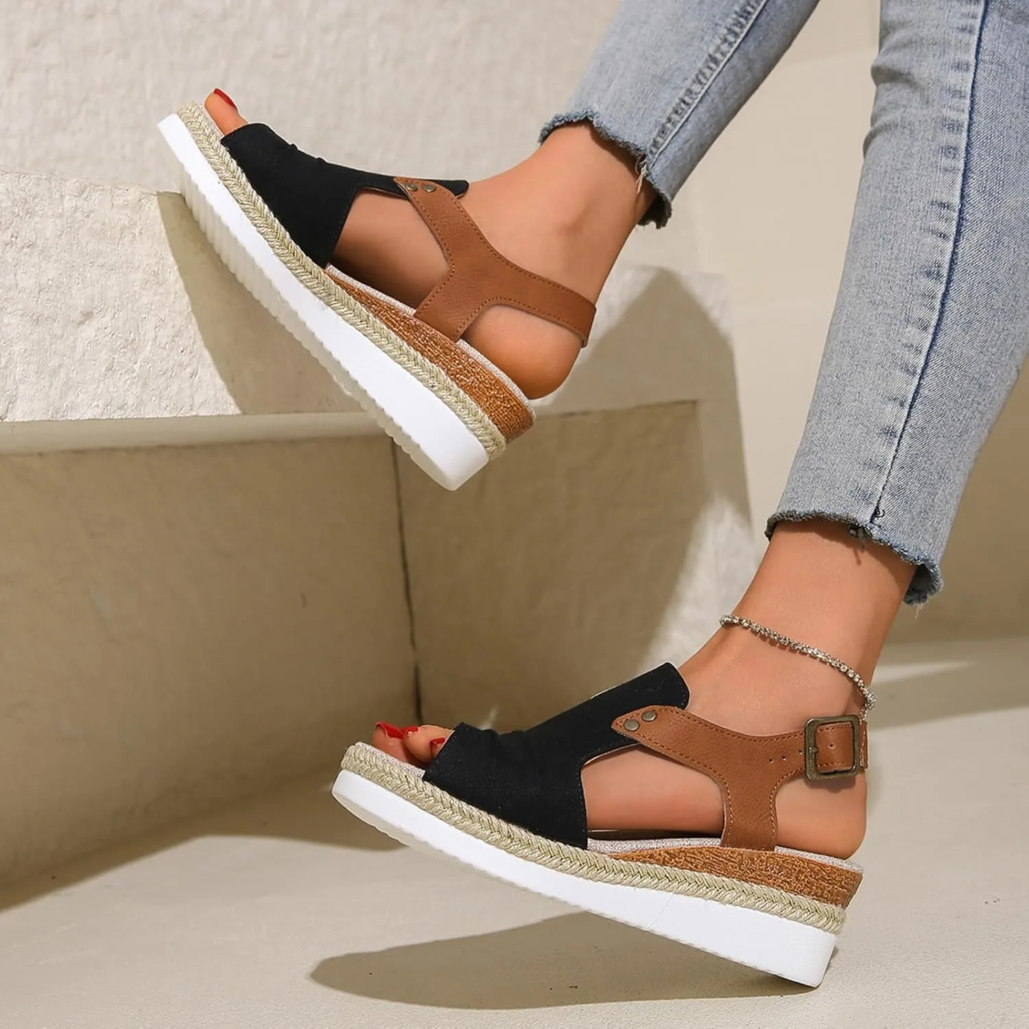 AMDBEL Wedge Sandals for Women Dressy Summer Platform Espadrilles Fish Mouth Sandals Comfy Ankle Strap Casual Sandals Shoes