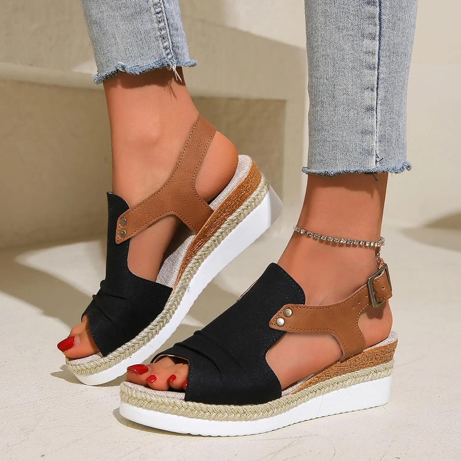 AMDBEL Wedge Sandals for Women Dressy Summer Platform Espadrilles Fish Mouth Sandals Comfy Ankle Strap Casual Sandals Shoes