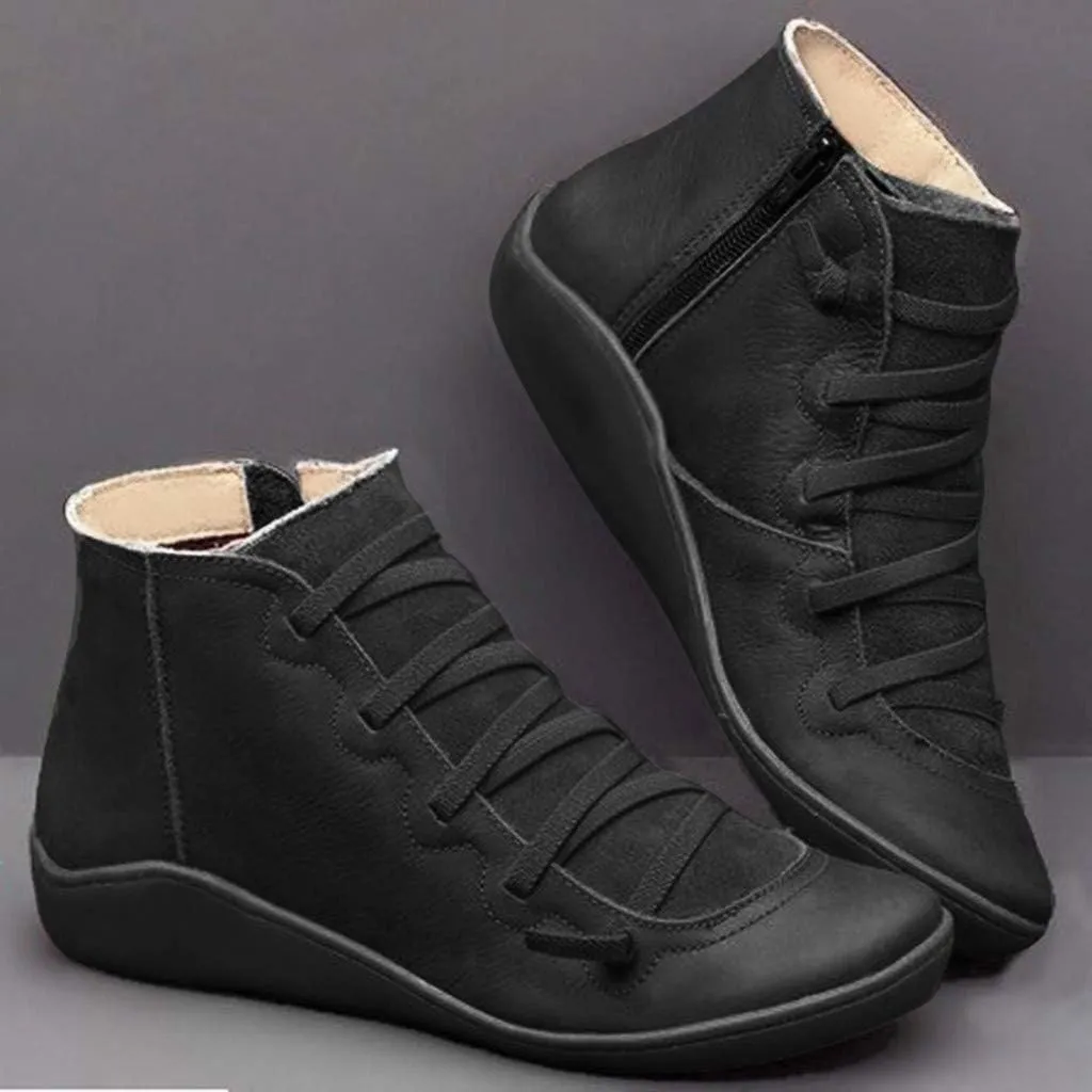 Ankle Boots for Women Arch Support Lace Up Flat Bottom Booties Leather Side Zipper Bootles Round Toe Retro Ankle Bootie