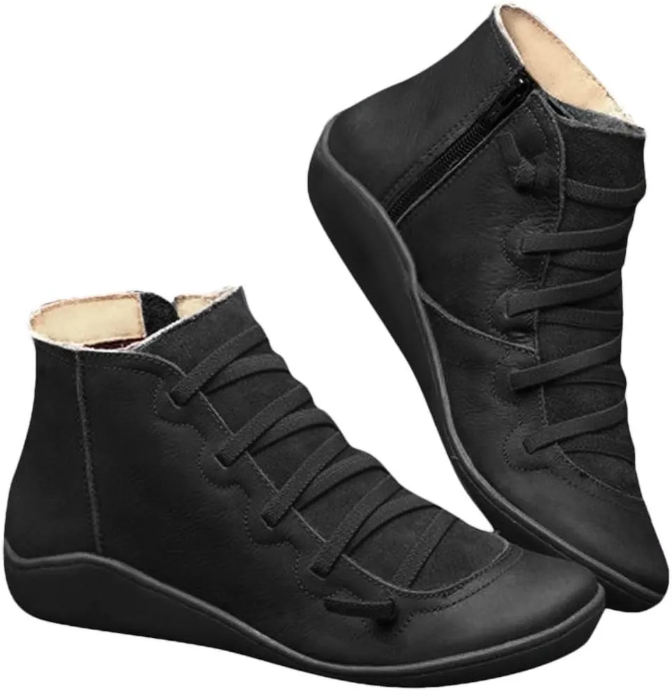 Ankle Boots for Women Arch Support Lace Up Flat Bottom Booties Leather Side Zipper Bootles Round Toe Retro Ankle Bootie