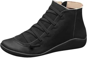 Ankle Boots for Women Arch Support Lace Up Flat Bottom Booties Leather Side Zipper Bootles Round Toe Retro Ankle Bootie