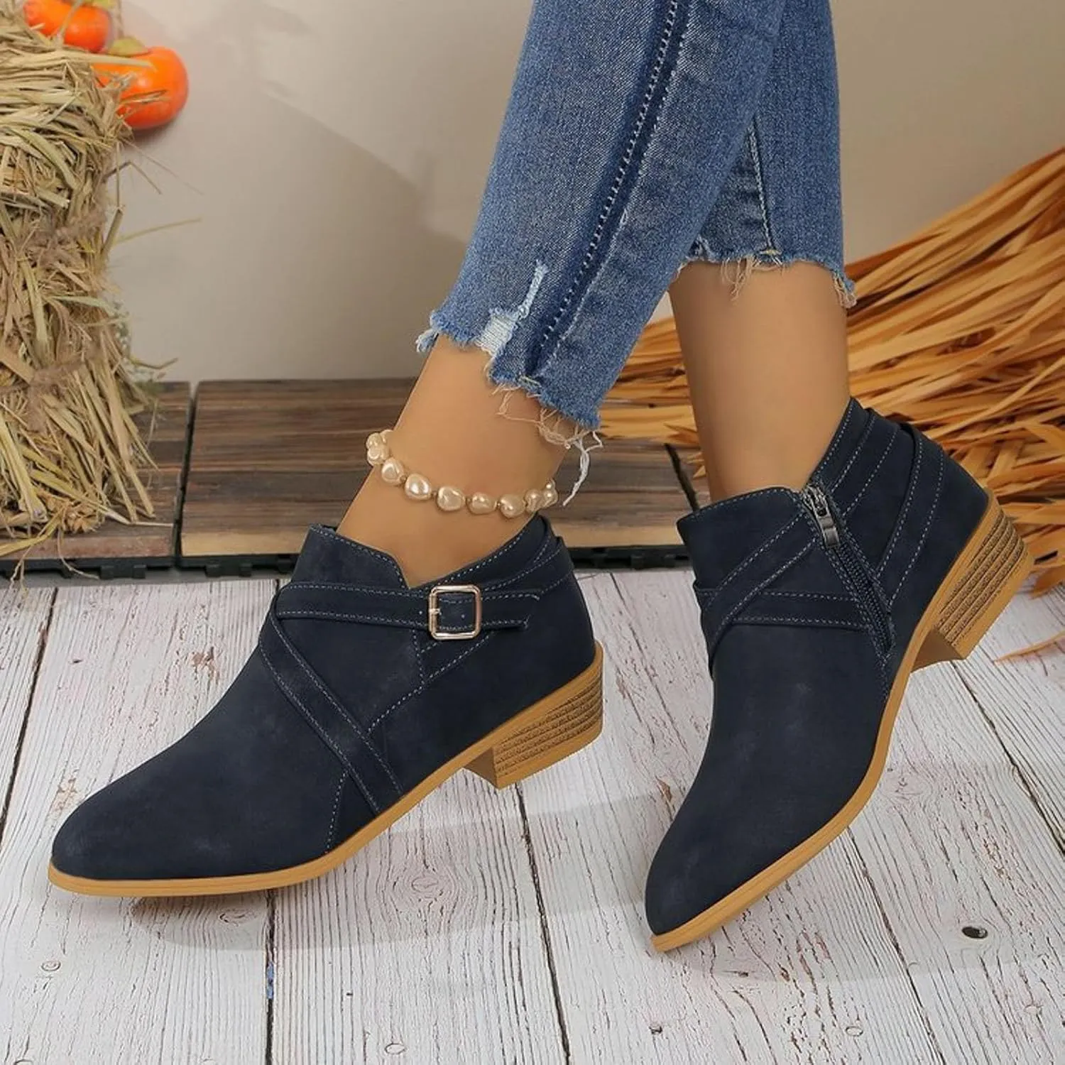 Ankle Boots for Women Low Chunky Stacked Heel Comfortable Round Toe booties with Side Zipper Shoes Fall Boots 2024