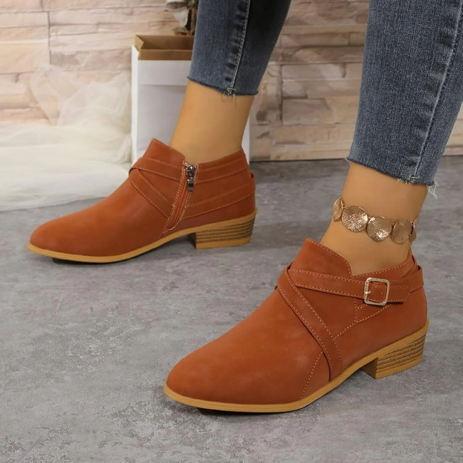 Ankle Boots for Women Low Chunky Stacked Heel Comfortable Round Toe booties with Side Zipper Shoes Fall Boots 2024