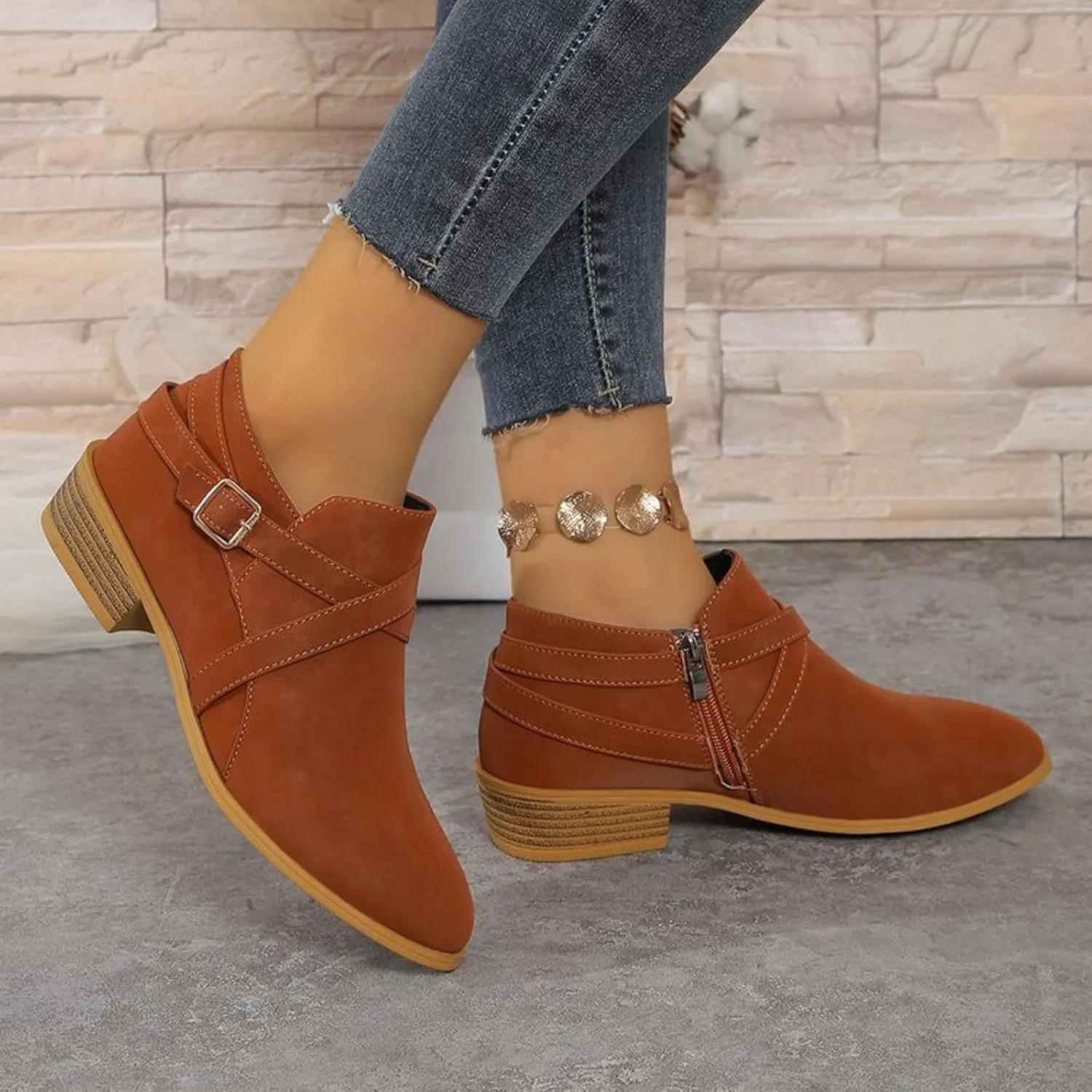 Ankle Boots for Women Low Chunky Stacked Heel Comfortable Round Toe booties with Side Zipper Shoes Fall Boots 2024