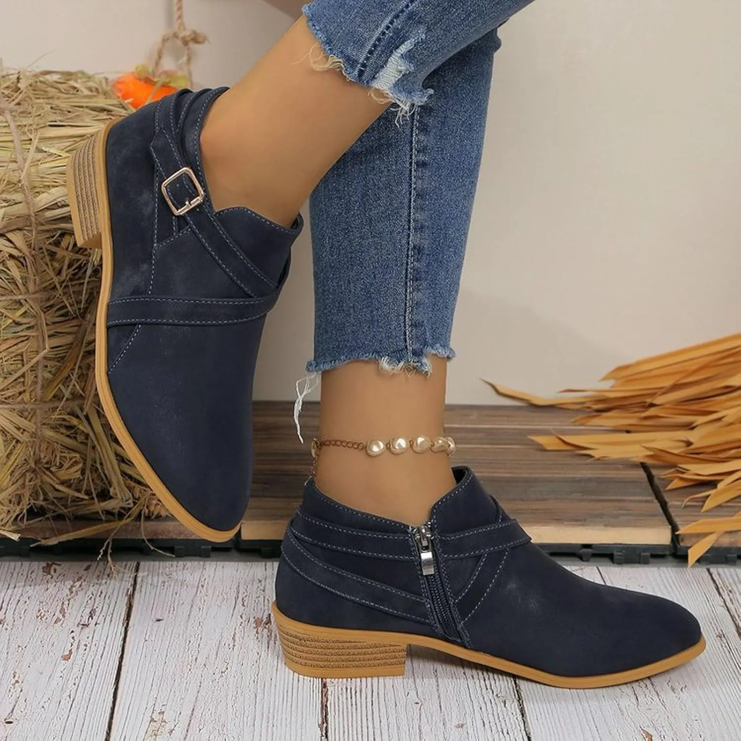 Ankle Boots for Women Low Chunky Stacked Heel Comfortable Round Toe booties with Side Zipper Shoes Fall Boots 2024
