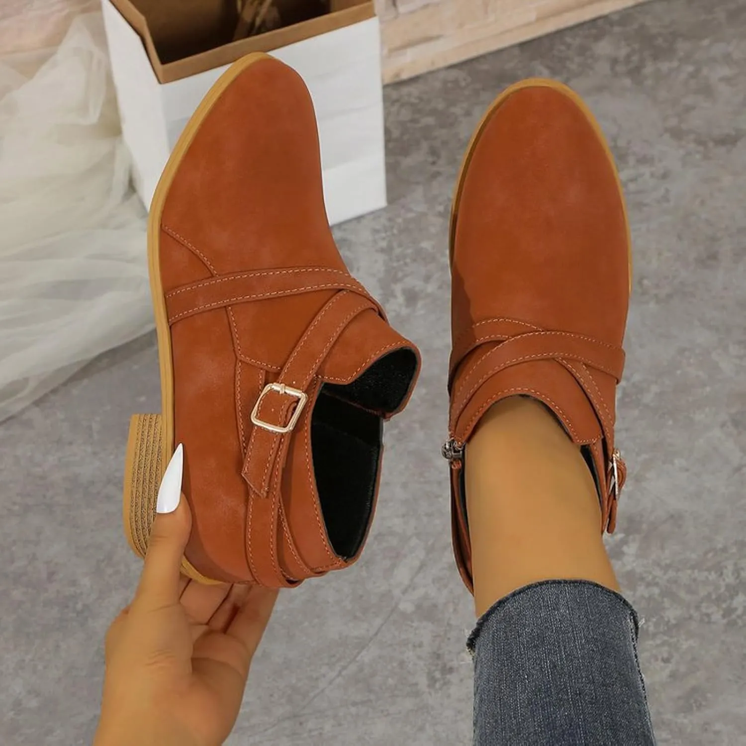 Ankle Boots for Women Low Chunky Stacked Heel Comfortable Round Toe booties with Side Zipper Shoes Fall Boots 2024