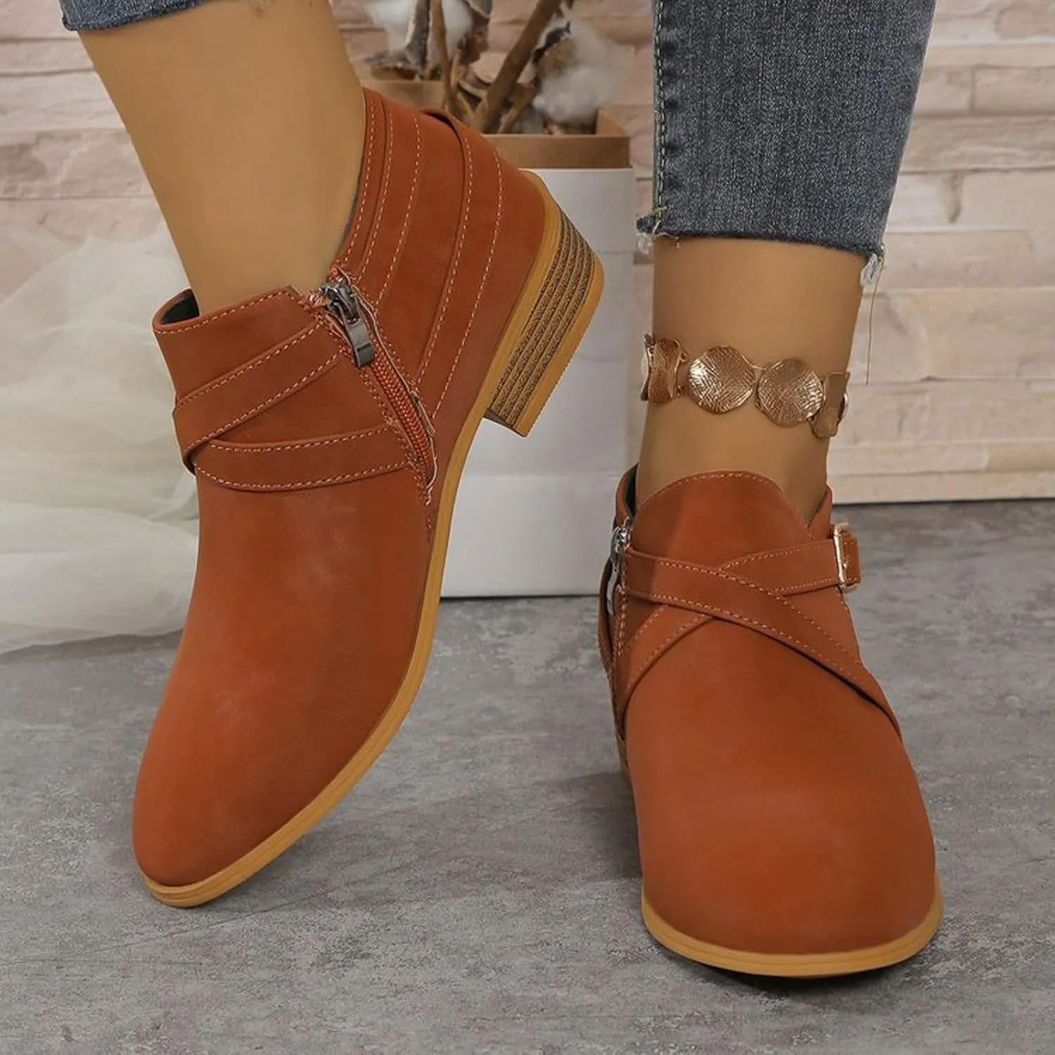 Ankle Boots for Women Low Chunky Stacked Heel Comfortable Round Toe booties with Side Zipper Shoes Fall Boots 2024
