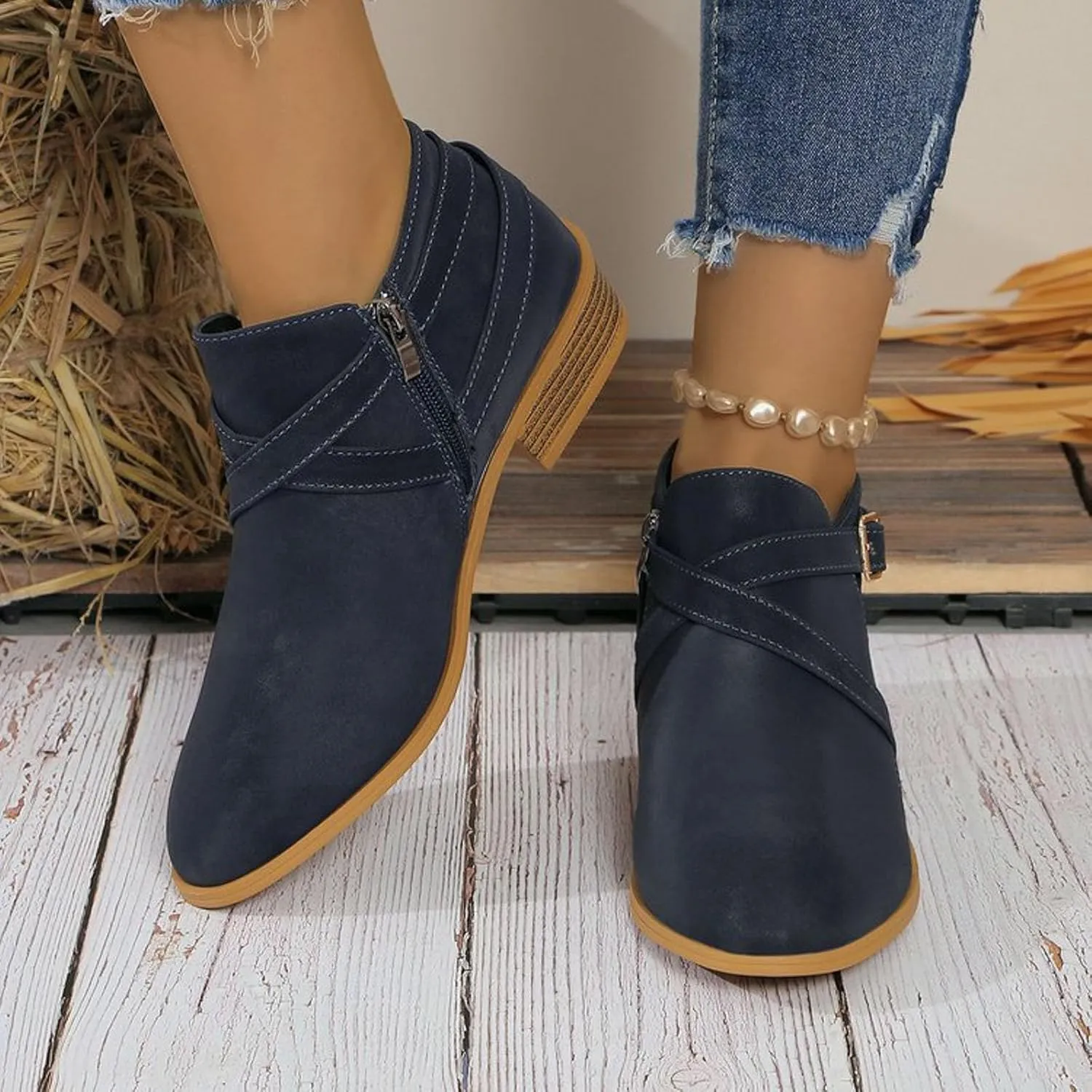 Ankle Boots for Women Low Chunky Stacked Heel Comfortable Round Toe booties with Side Zipper Shoes Fall Boots 2024