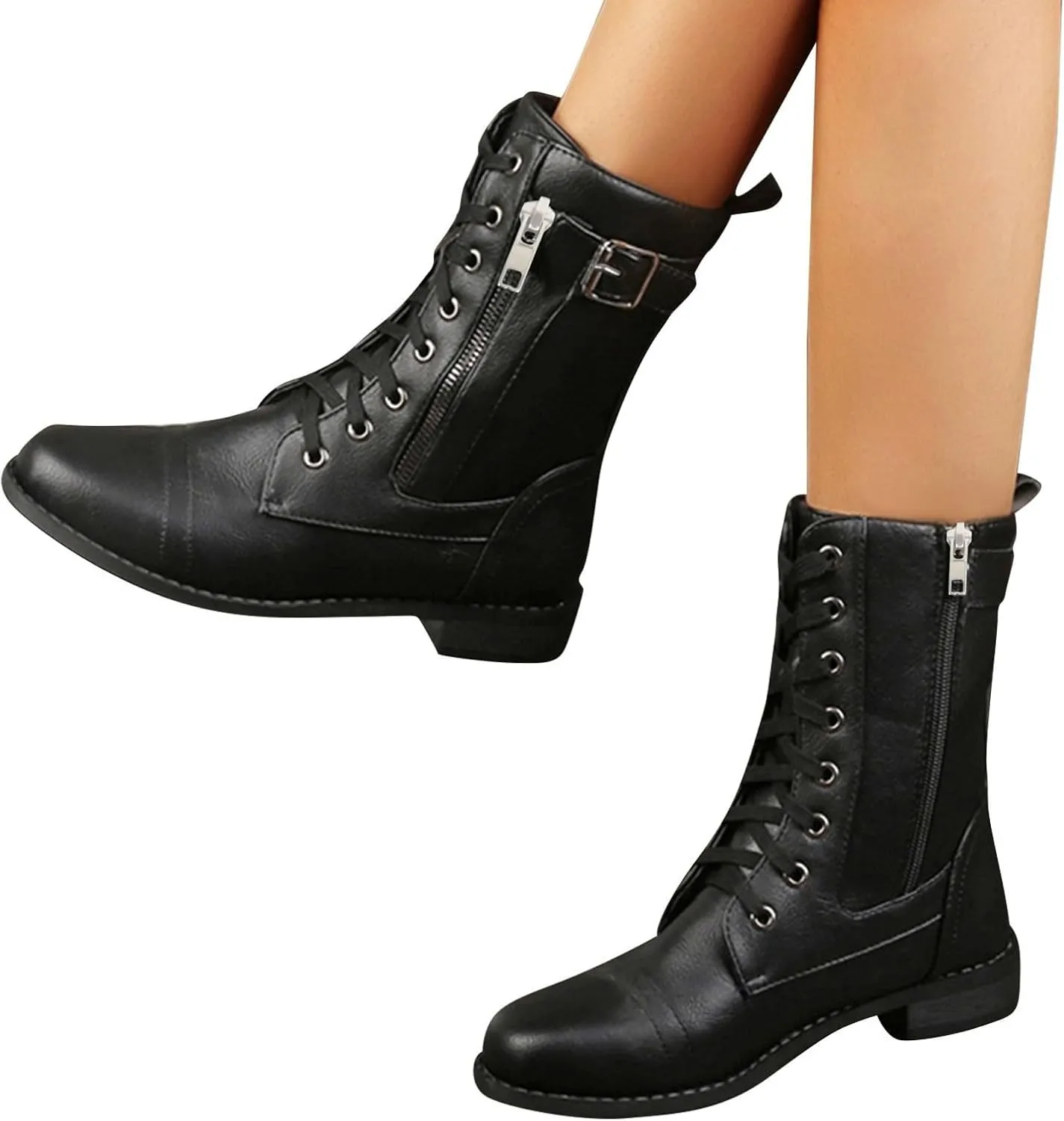 Ankle Boots for Women Low Heel Side Zipper Booties Lace up Mid Calf Military Combat Boots Arch Support Military Combat Boots