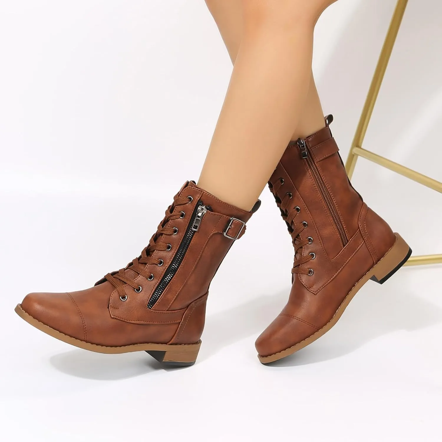 Ankle Boots for Women Low Heel Side Zipper Booties Lace up Mid Calf Military Combat Boots Arch Support Military Combat Boots