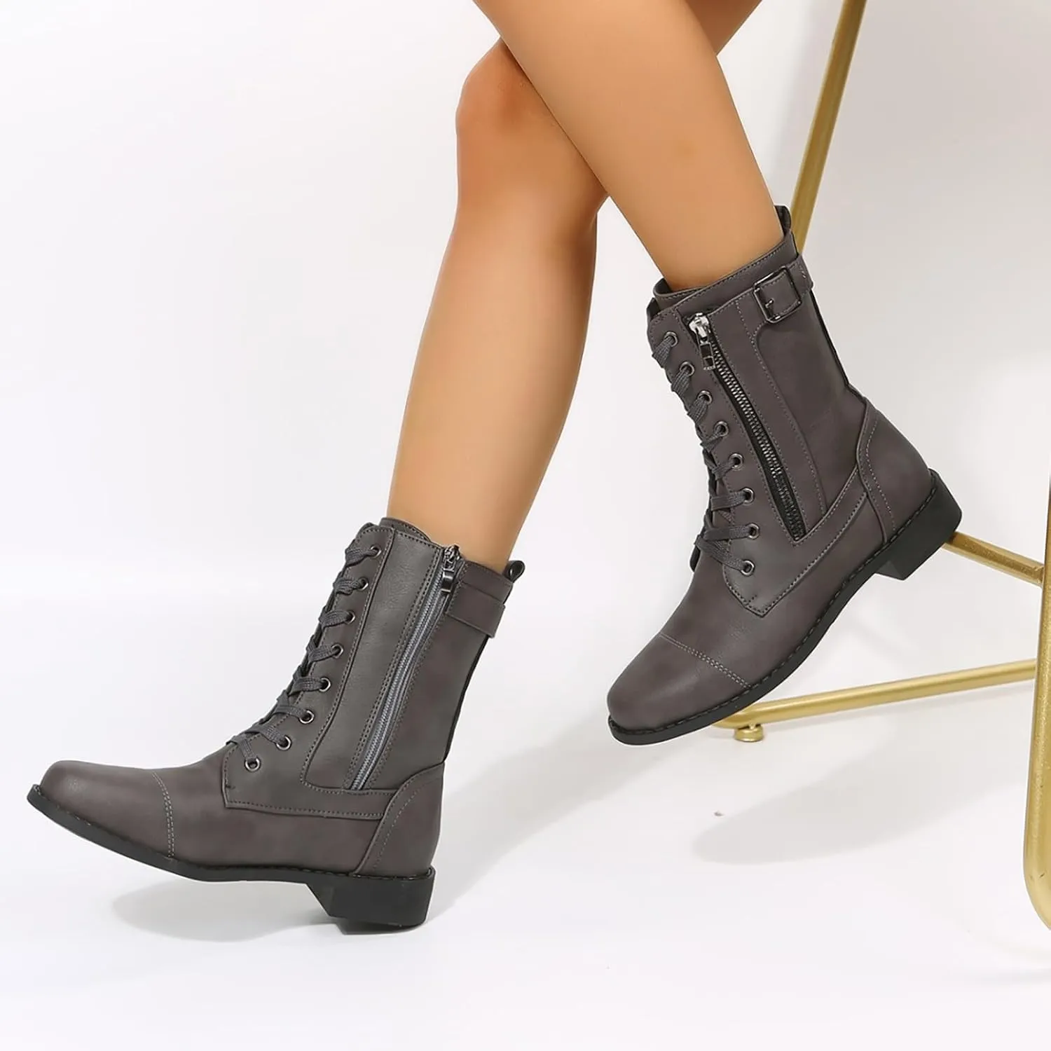 Ankle Boots for Women Low Heel Side Zipper Booties Lace up Mid Calf Military Combat Boots Arch Support Military Combat Boots