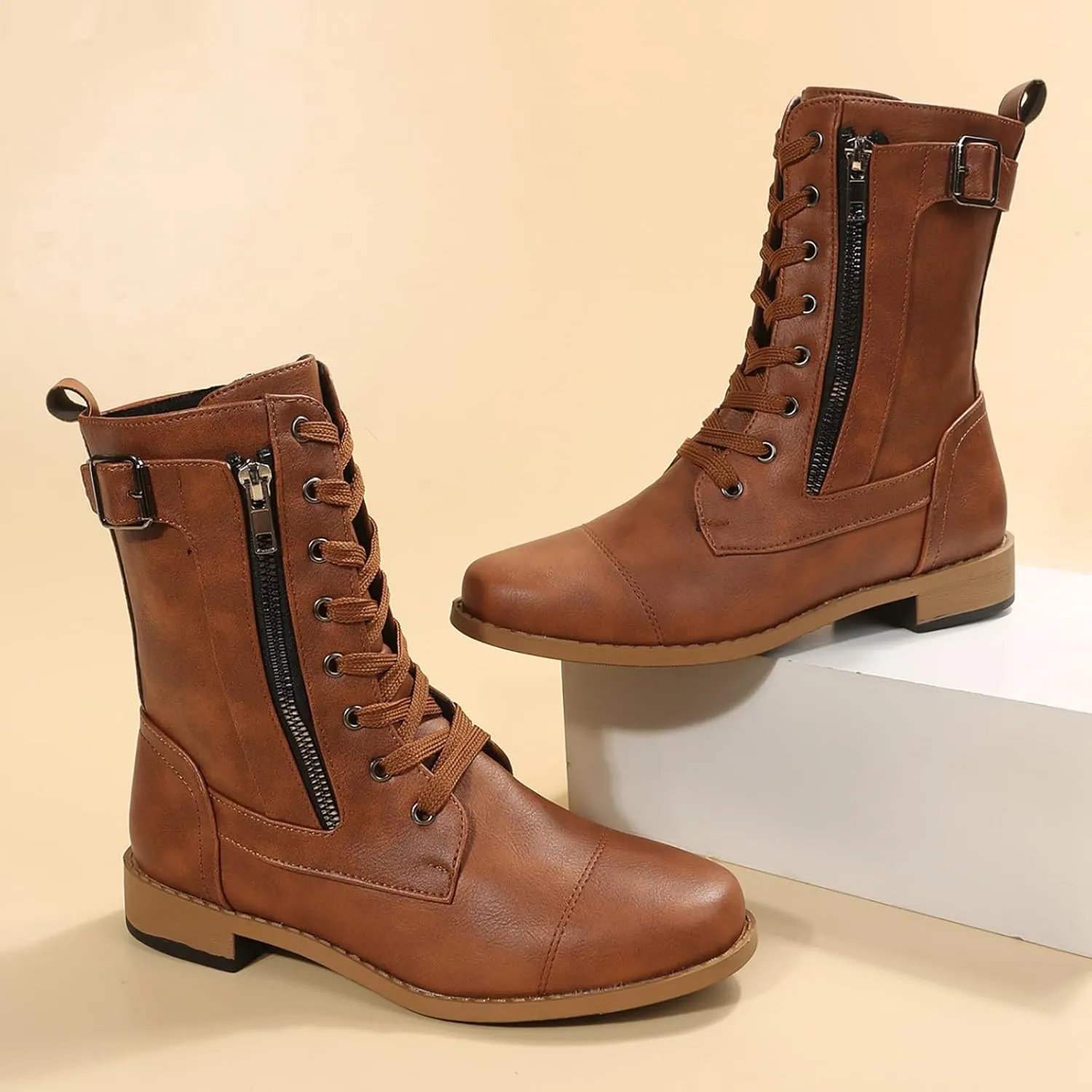 Ankle Boots for Women Low Heel Side Zipper Booties Lace up Mid Calf Military Combat Boots Arch Support Military Combat Boots