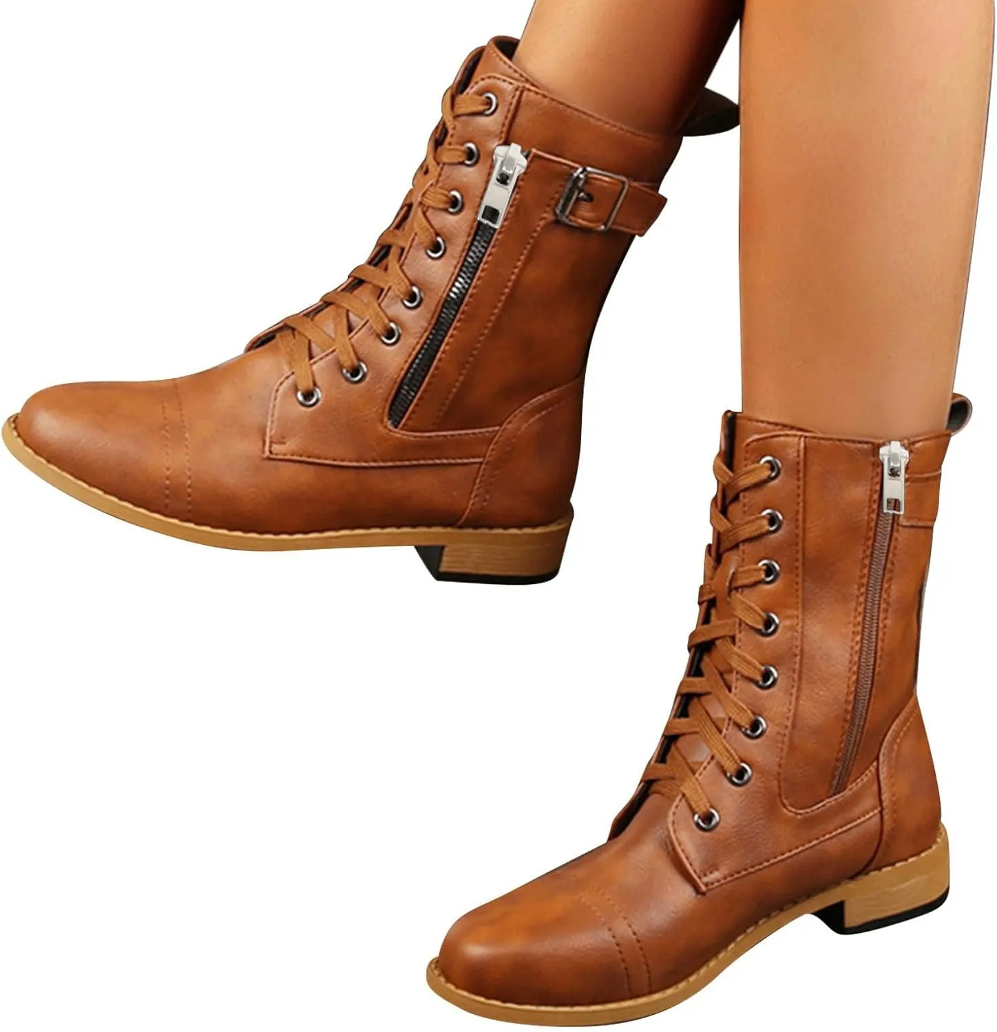 Ankle Boots for Women Low Heel Side Zipper Booties Lace up Mid Calf Military Combat Boots Arch Support Military Combat Boots