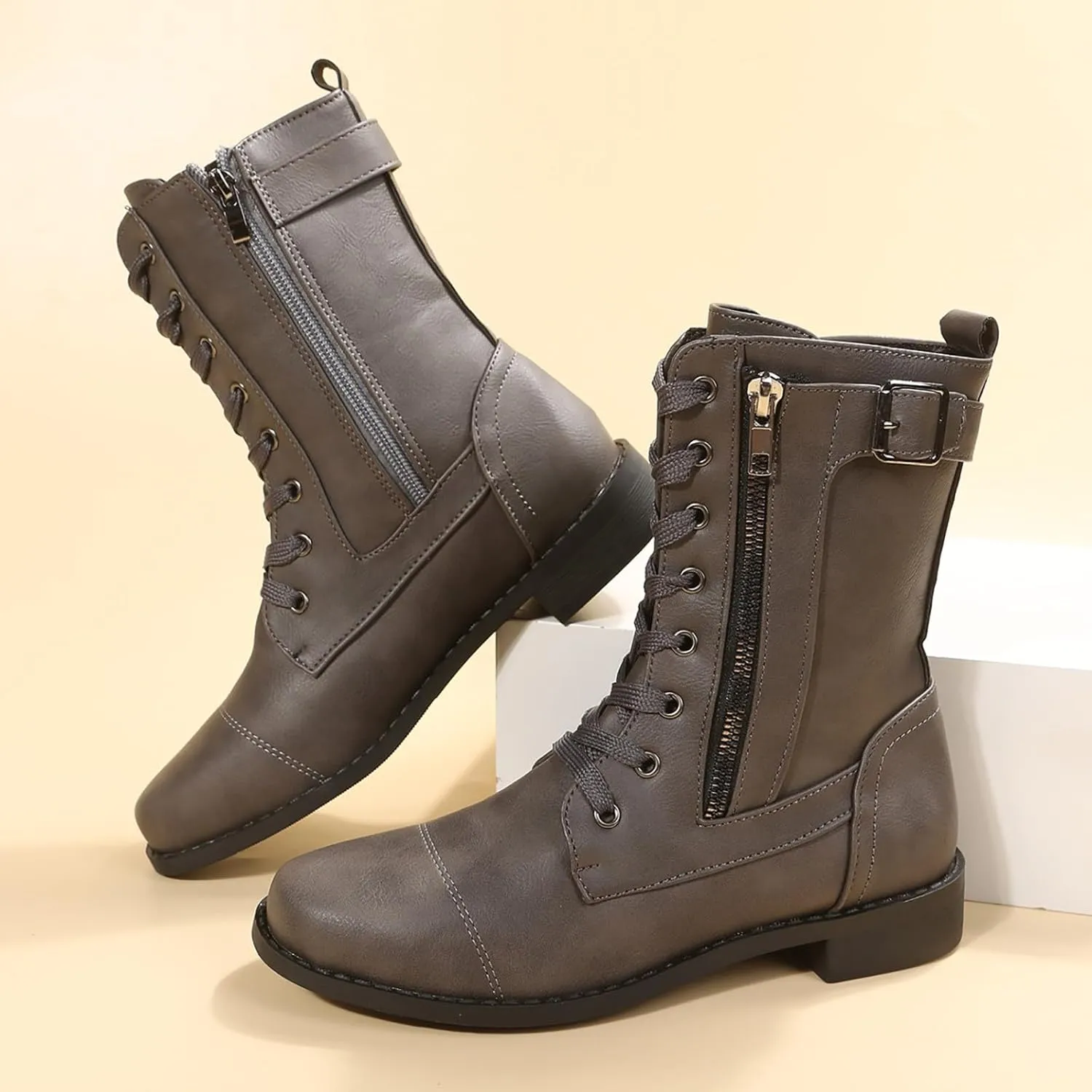 Ankle Boots for Women Low Heel Side Zipper Booties Lace up Mid Calf Military Combat Boots Arch Support Military Combat Boots