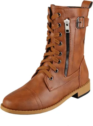 Ankle Boots for Women Low Heel Side Zipper Booties Lace up Mid Calf Military Combat Boots Arch Support Military Combat Boots