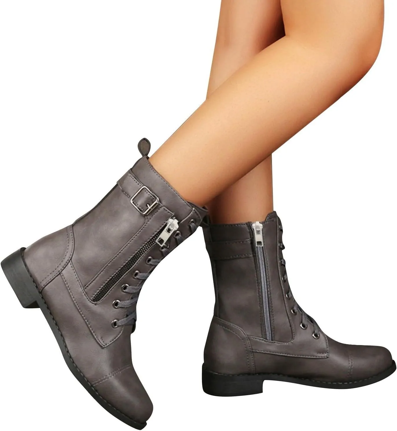 Ankle Boots for Women Low Heel Side Zipper Booties Lace up Mid Calf Military Combat Boots Arch Support Military Combat Boots