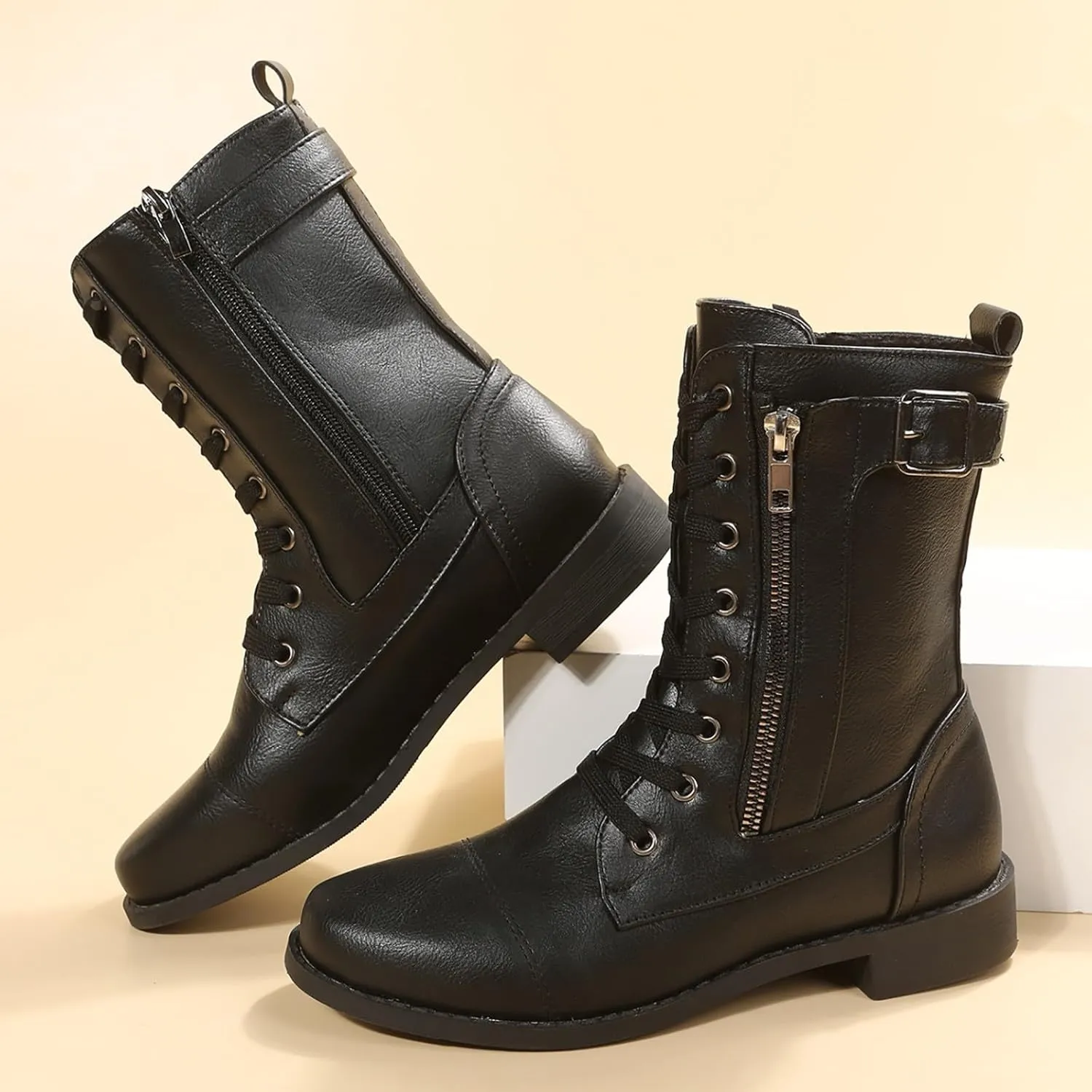 Ankle Boots for Women Low Heel Side Zipper Booties Lace up Mid Calf Military Combat Boots Arch Support Military Combat Boots