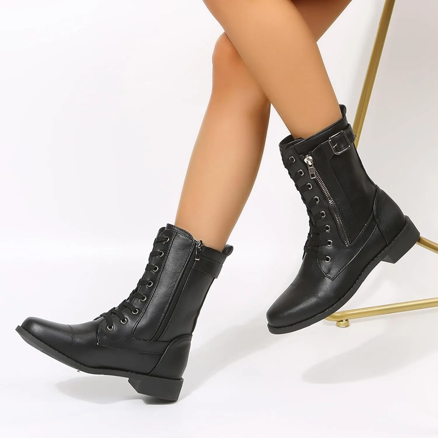 Ankle Boots for Women Low Heel Side Zipper Booties Lace up Mid Calf Military Combat Boots Arch Support Military Combat Boots