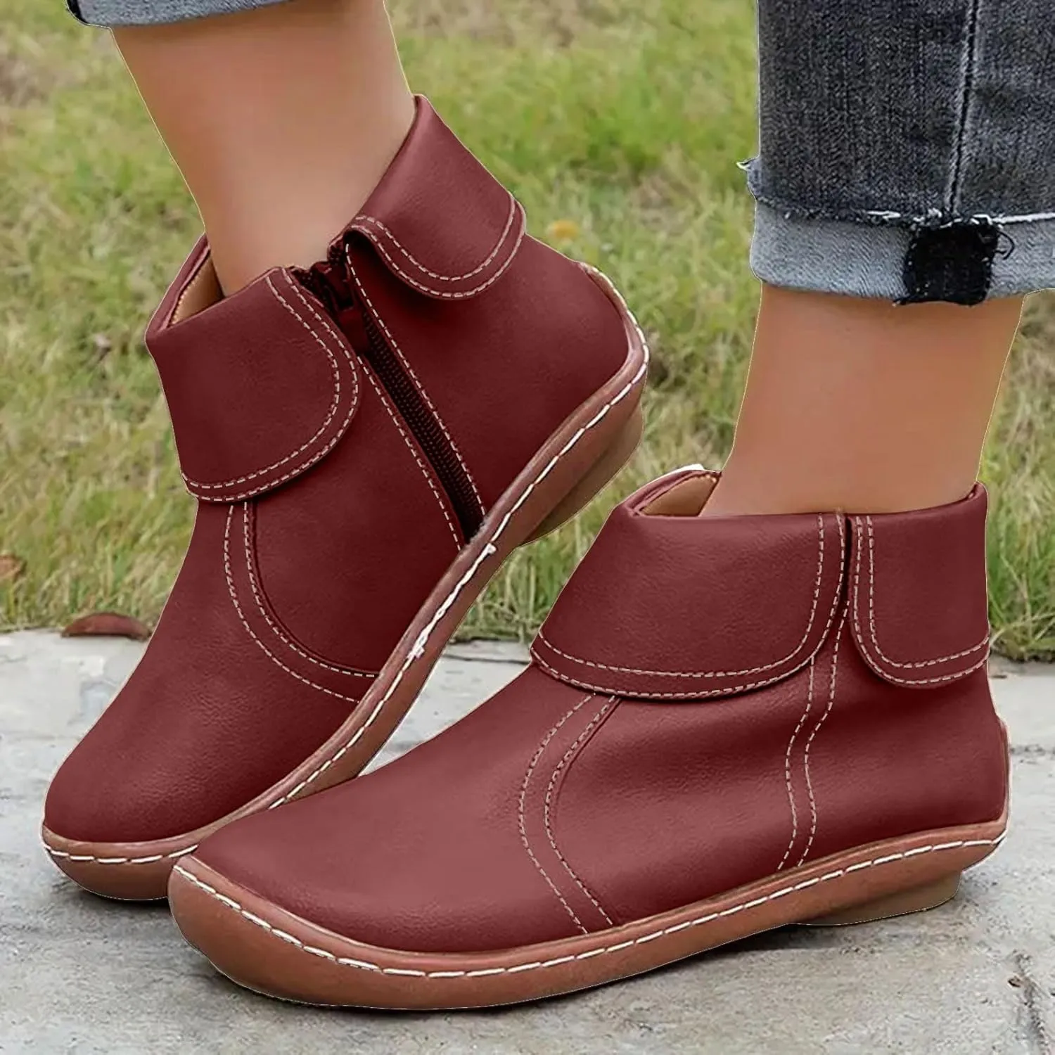 Ankle Boots for Women No Heel Arch Support Vintage Leather Side Zipper 2024 Dressy Damping New Boots Leather Shoes Booties