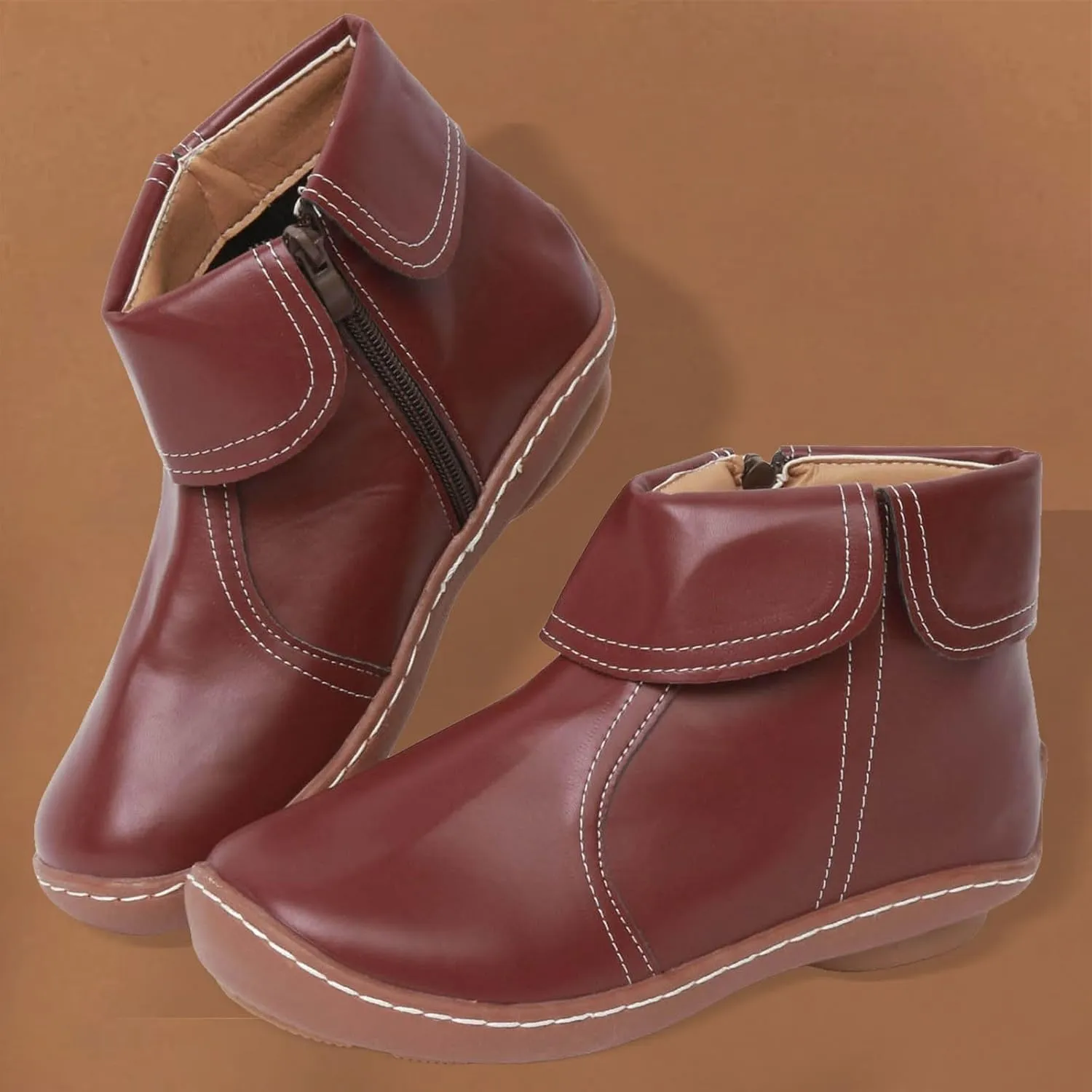 Ankle Boots for Women No Heel Arch Support Vintage Leather Side Zipper 2024 Dressy Damping New Boots Leather Shoes Booties