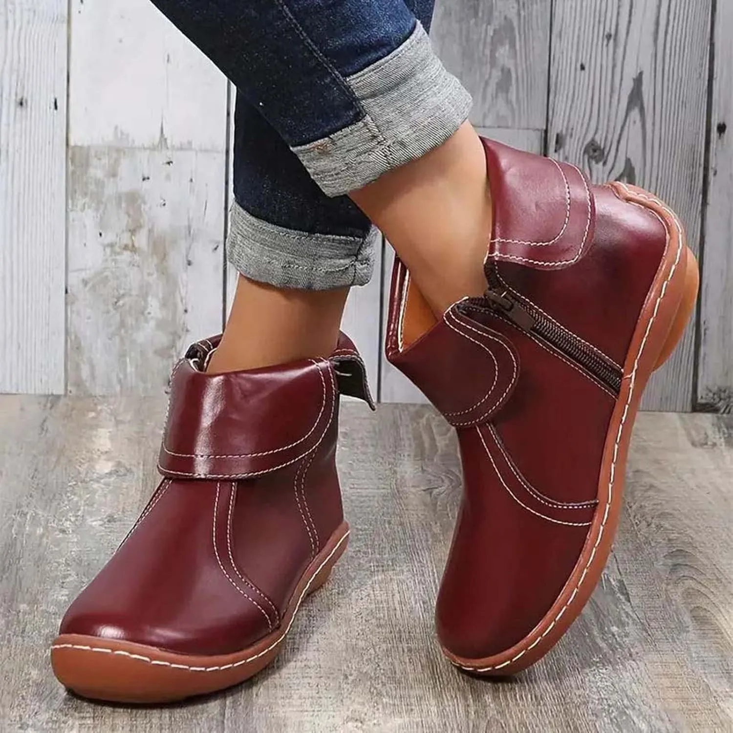 Ankle Boots for Women No Heel Arch Support Vintage Leather Side Zipper 2024 Dressy Damping New Boots Leather Shoes Booties