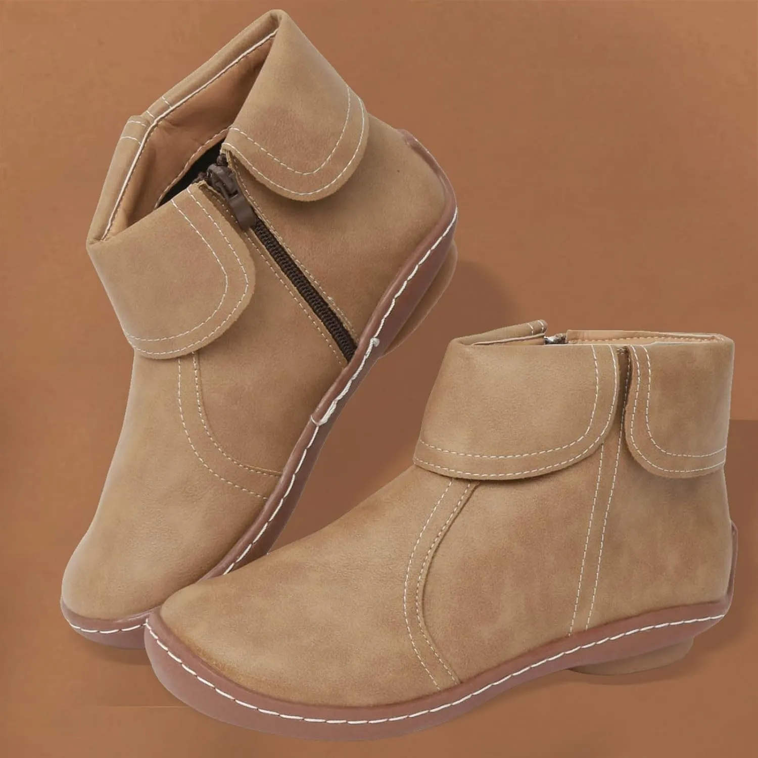 Ankle Boots for Women No Heel Dressy Vintage Leather Side Zipper 2024 Arch Support New Damping Boots Shoes Leather Booties