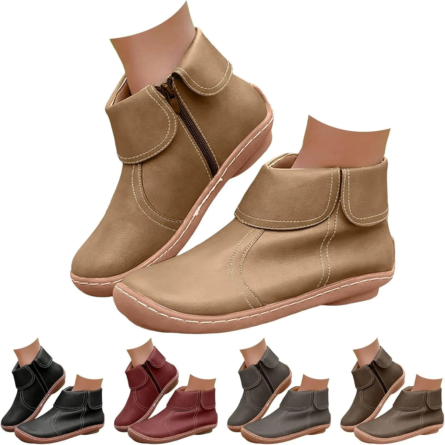 Ankle Boots for Women No Heel Dressy Vintage Leather Side Zipper 2024 Arch Support New Damping Boots Shoes Leather Booties