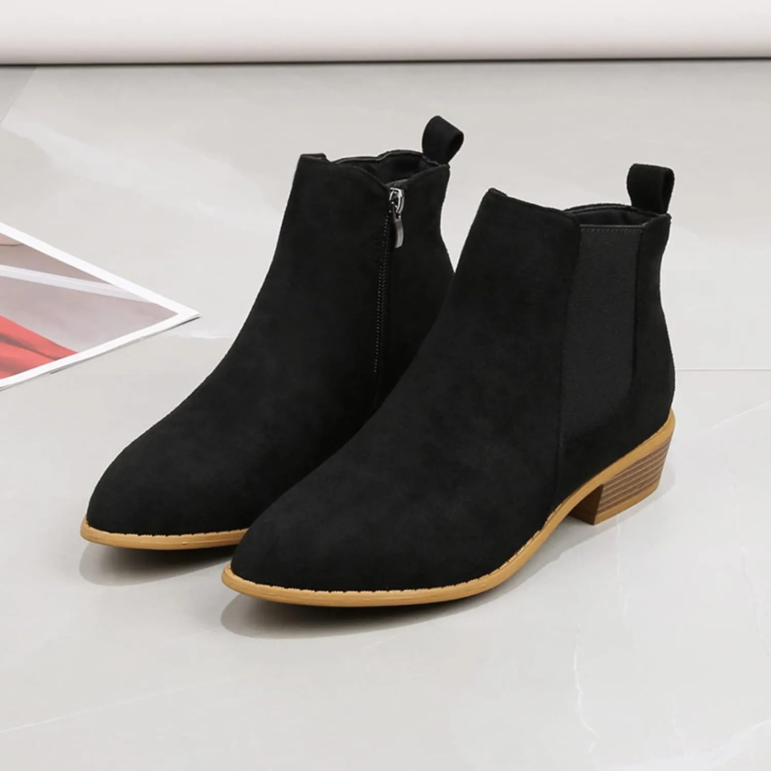 Ankle Boots for Women Side Zipper with Womens Pointed Toe Shoes Block Chunky Low Heel Chelsea Fashion Ankle Bootie