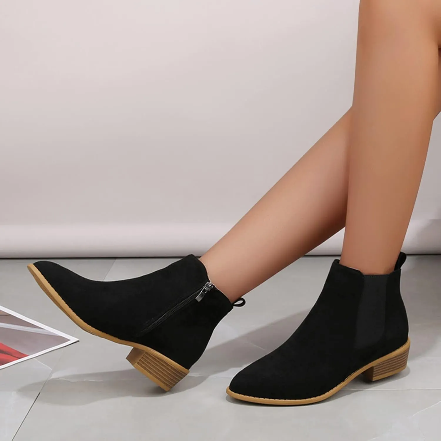 Ankle Boots for Women Side Zipper with Womens Pointed Toe Shoes Block Chunky Low Heel Chelsea Fashion Ankle Bootie