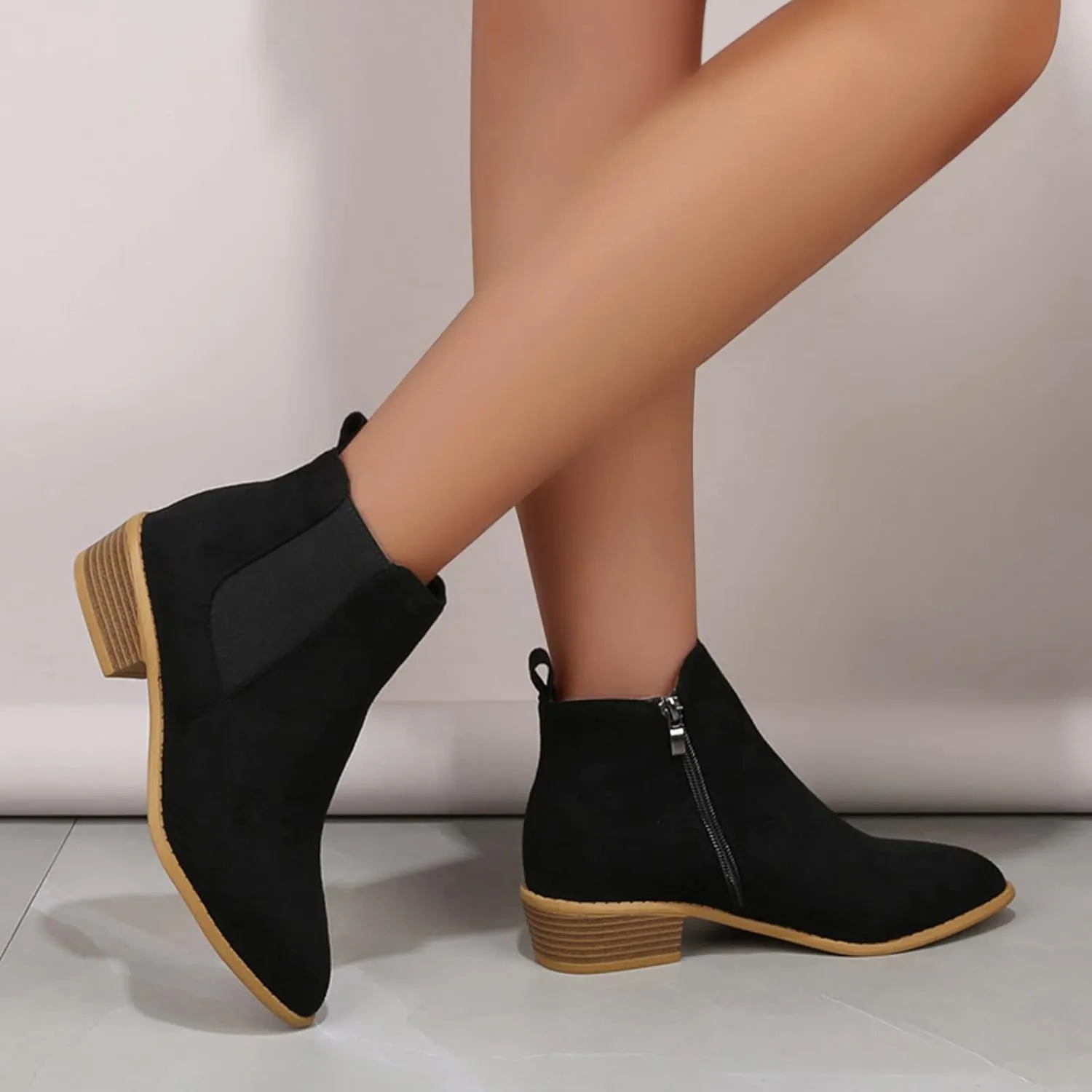 Ankle Boots for Women Side Zipper with Womens Pointed Toe Shoes Block Chunky Low Heel Chelsea Fashion Ankle Bootie