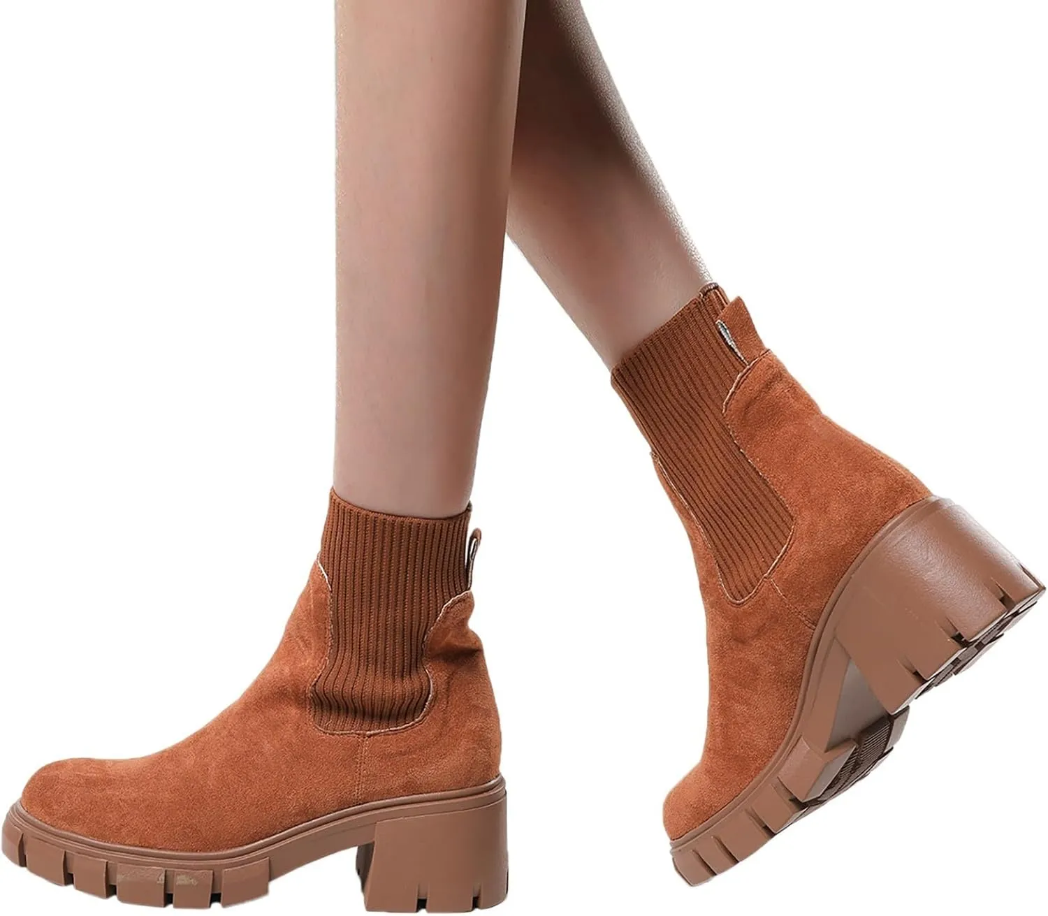 Ankle Boots for Women Western Fashion Faux Suede Lug Sole Elastic Chelsea Boots Chunky Block Heel Platform Slip on Booties