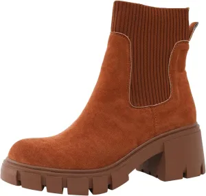 Ankle Boots for Women Western Fashion Faux Suede Lug Sole Elastic Chelsea Boots Chunky Block Heel Platform Slip on Booties