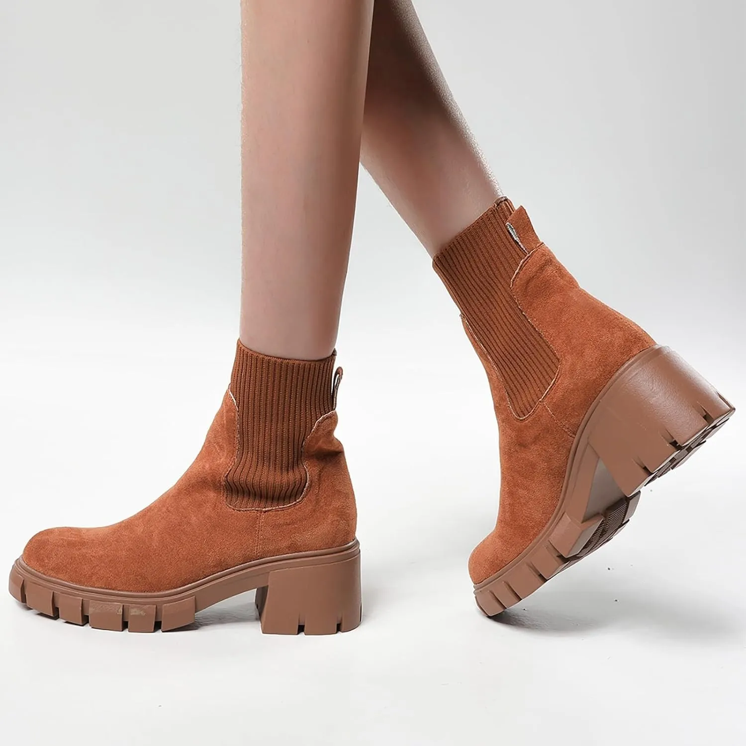 Ankle Boots for Women Western Fashion Faux Suede Lug Sole Elastic Chelsea Boots Chunky Block Heel Platform Slip on Booties