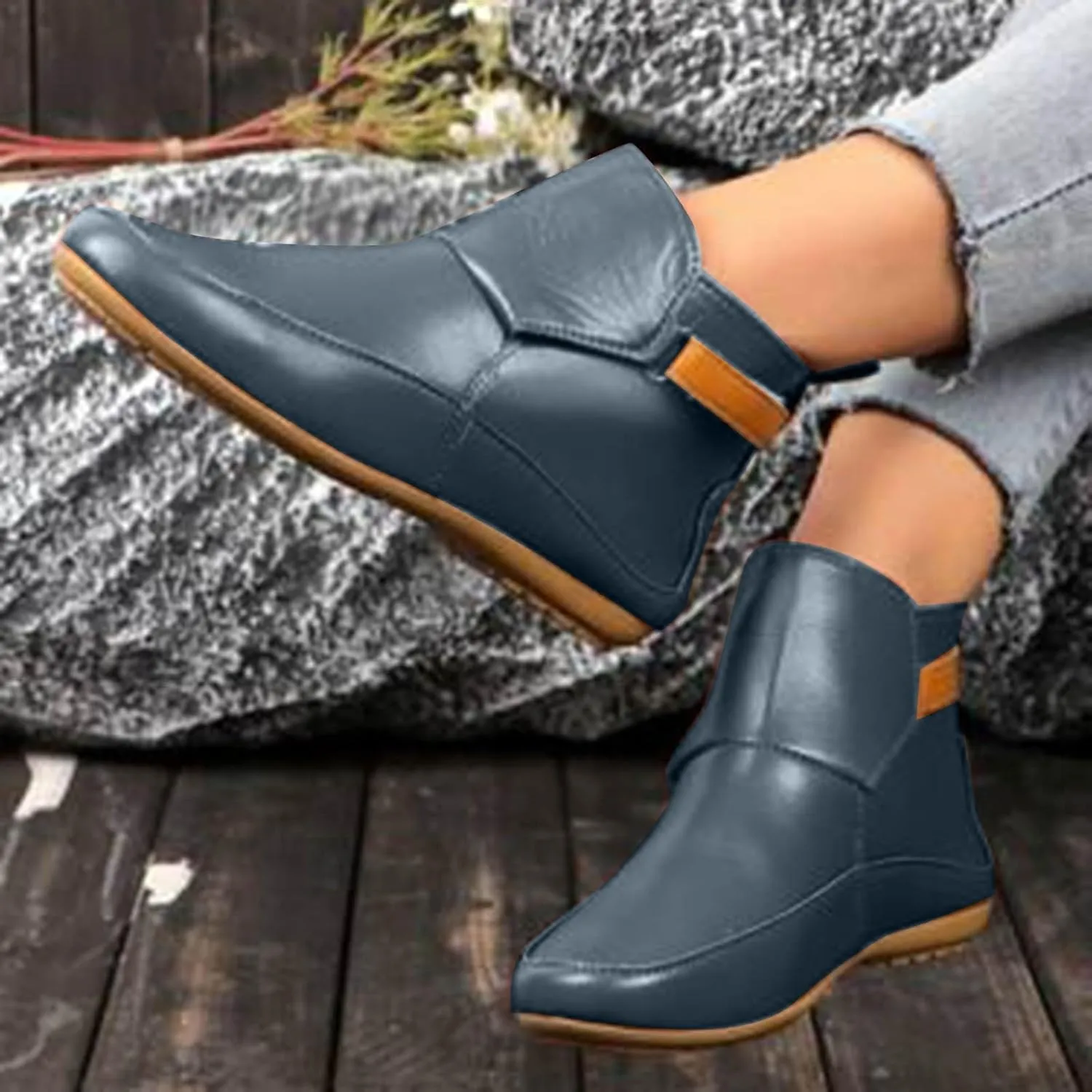 Ankle Boots for Women, Womens Cowboy Boots Arch Support Booties Vintage Leather Damping Shoes Flat Heel Booties