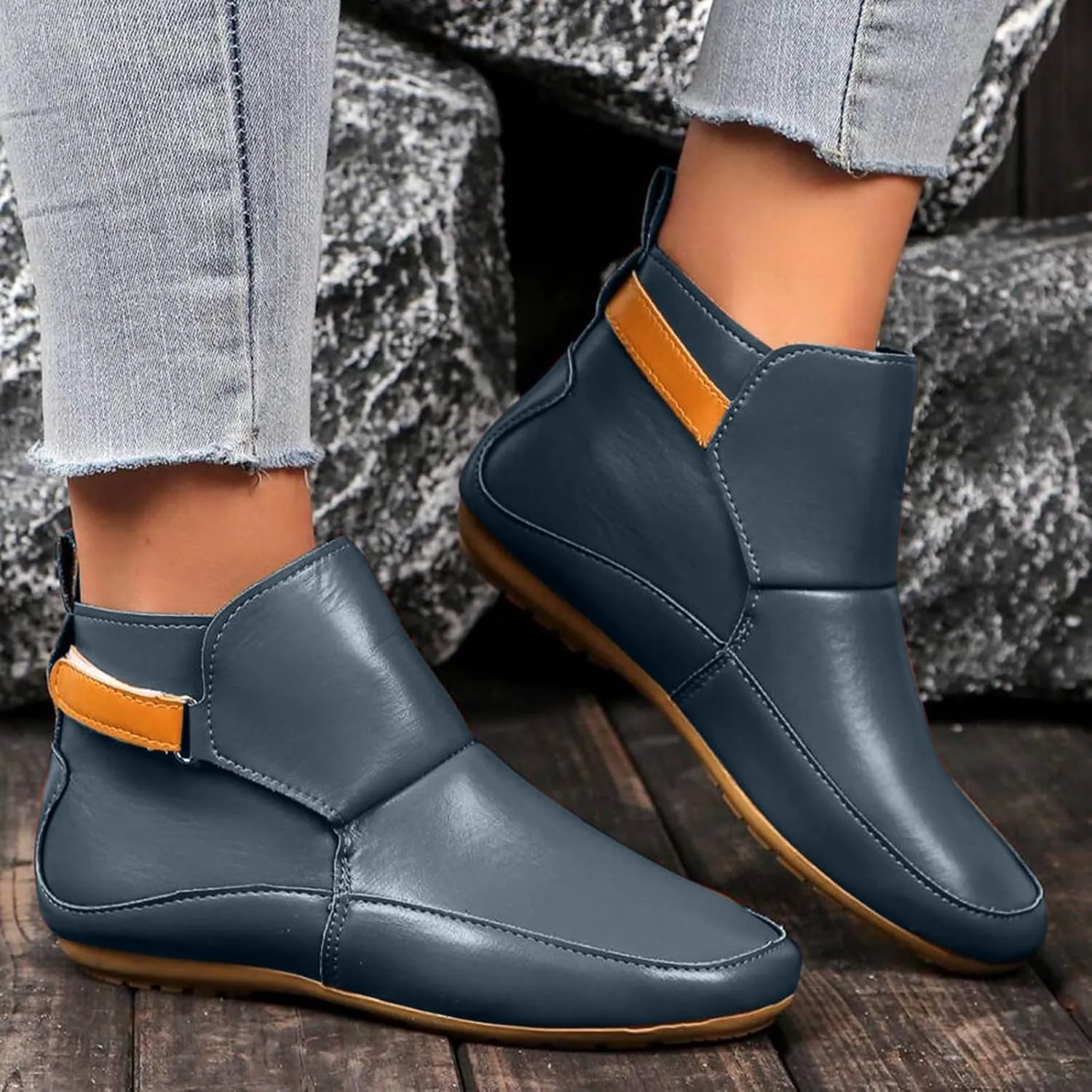 Ankle Boots for Women, Womens Cowboy Boots Arch Support Booties Vintage Leather Damping Shoes Flat Heel Booties