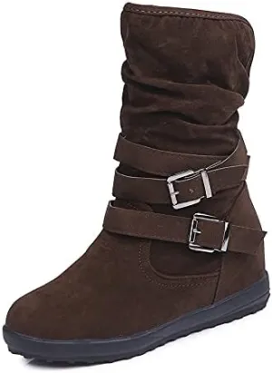 Bcshiye Women's Mid Calf Slouch Ankle Boots - Wide Width, Flat Heels, Vintage Winter Snow Riding Boots