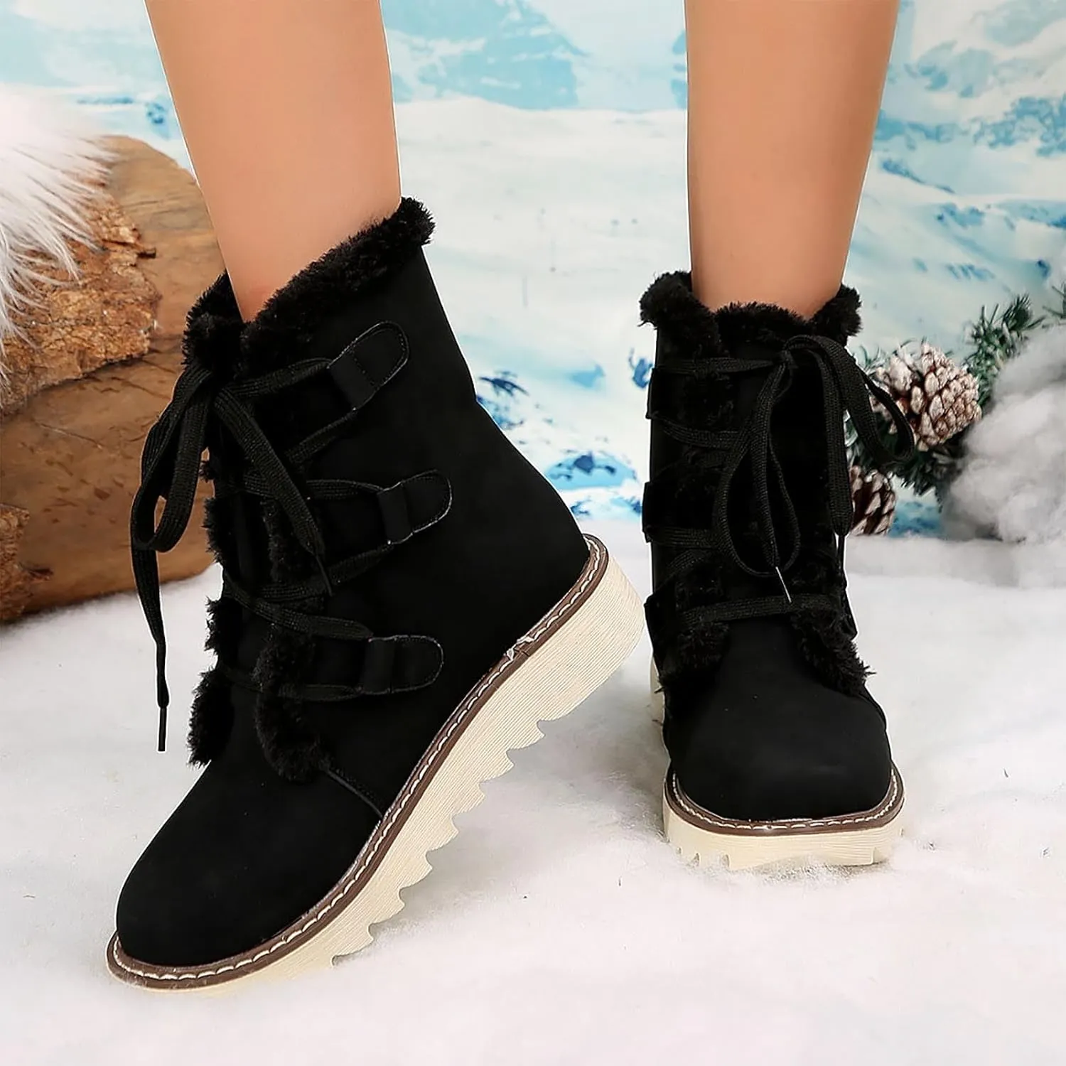 Booties for Women Winter Ankle Booties Warm Fuzzy Boots Lace up Leather Snow Boots Round Toe Booties with Zipper