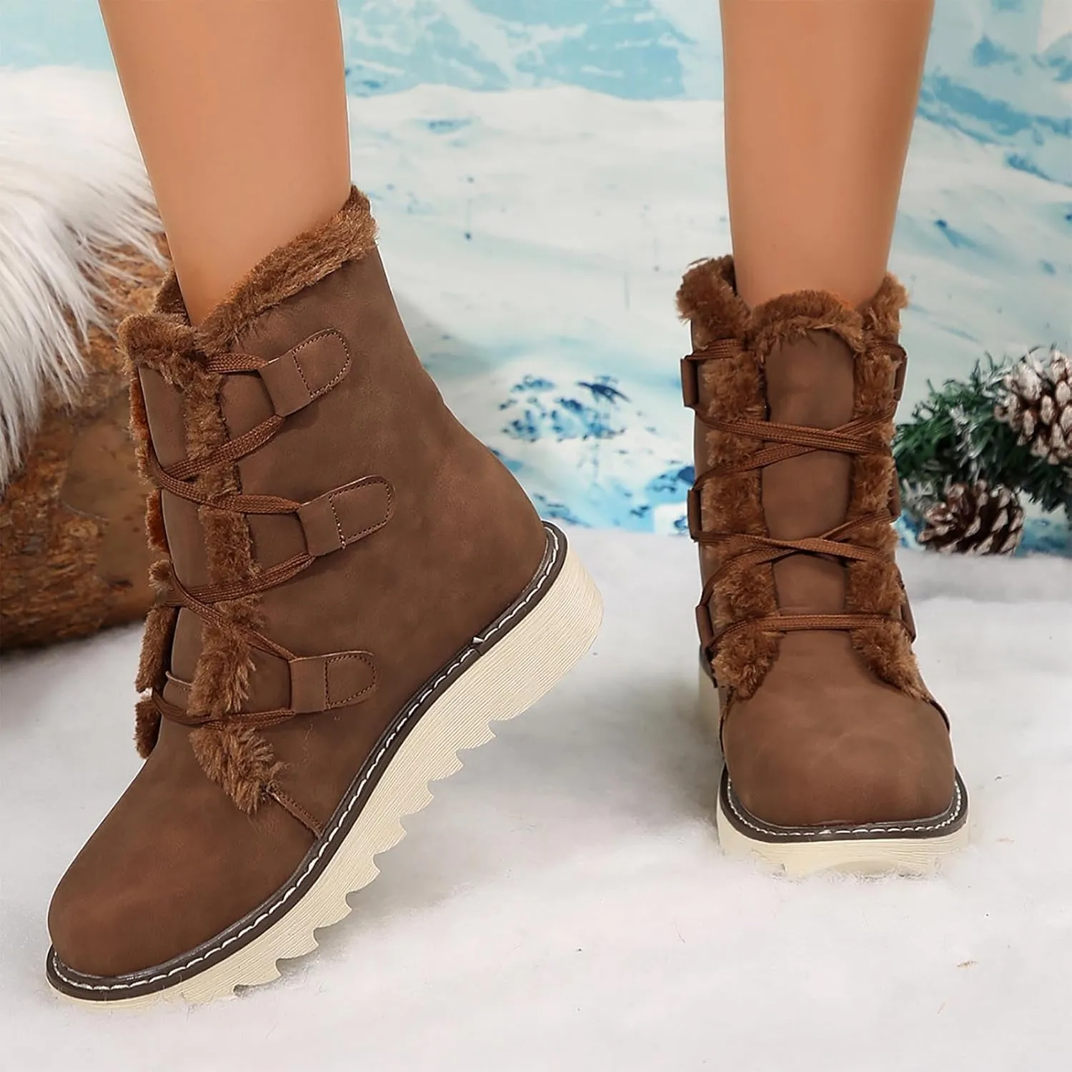 Booties for Women Winter Ankle Booties Warm Fuzzy Boots Lace up Leather Snow Boots Round Toe Booties with Zipper