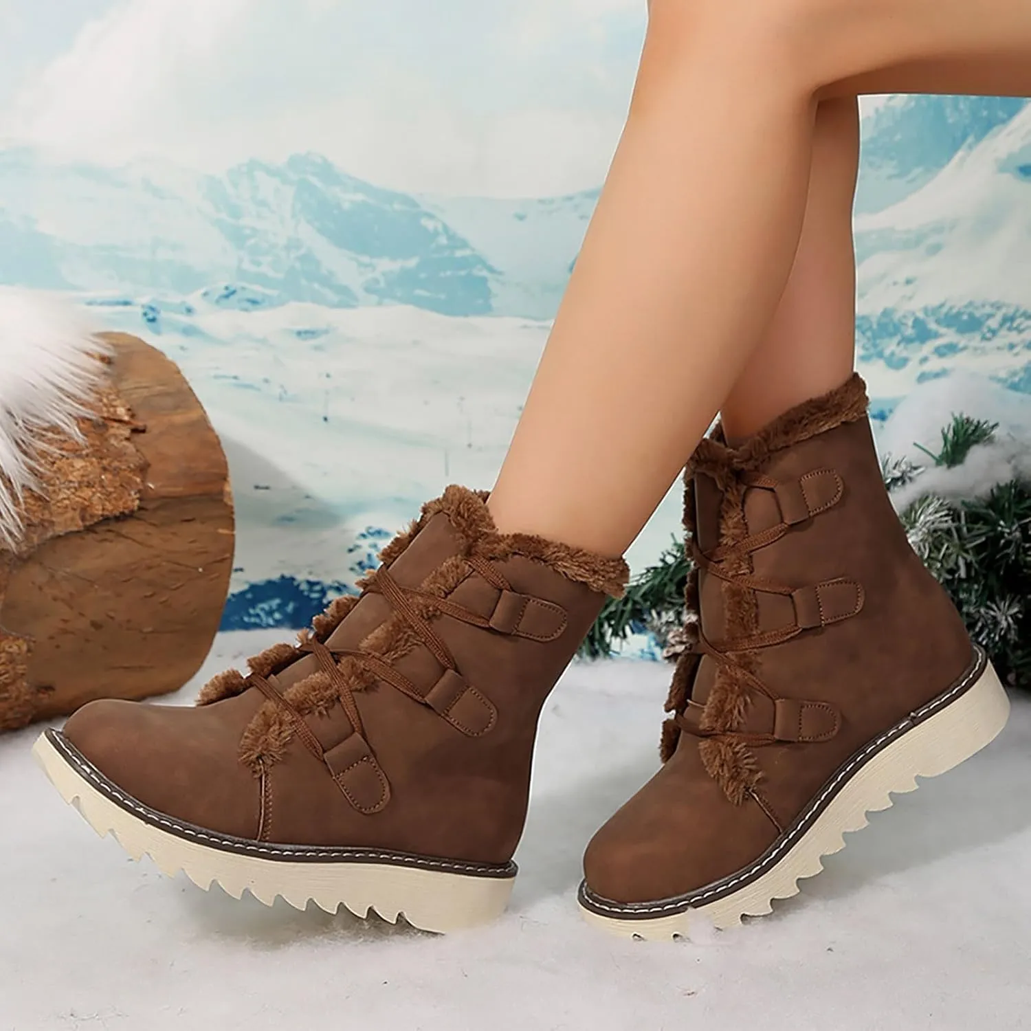 Booties for Women Winter Ankle Booties Warm Fuzzy Boots Lace up Leather Snow Boots Round Toe Booties with Zipper