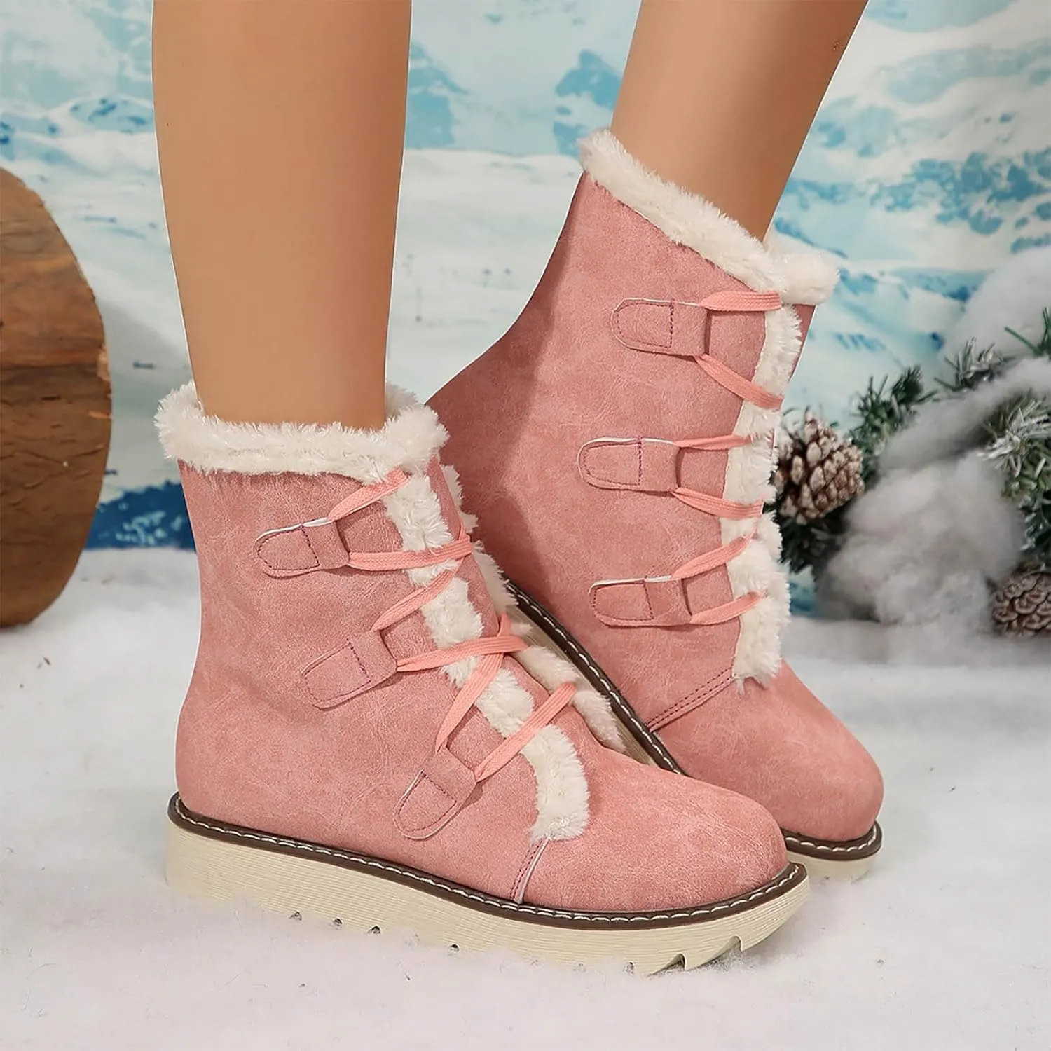 Booties for Women Winter Ankle Booties Warm Fuzzy Boots Lace up Leather Snow Boots Round Toe Booties with Zipper
