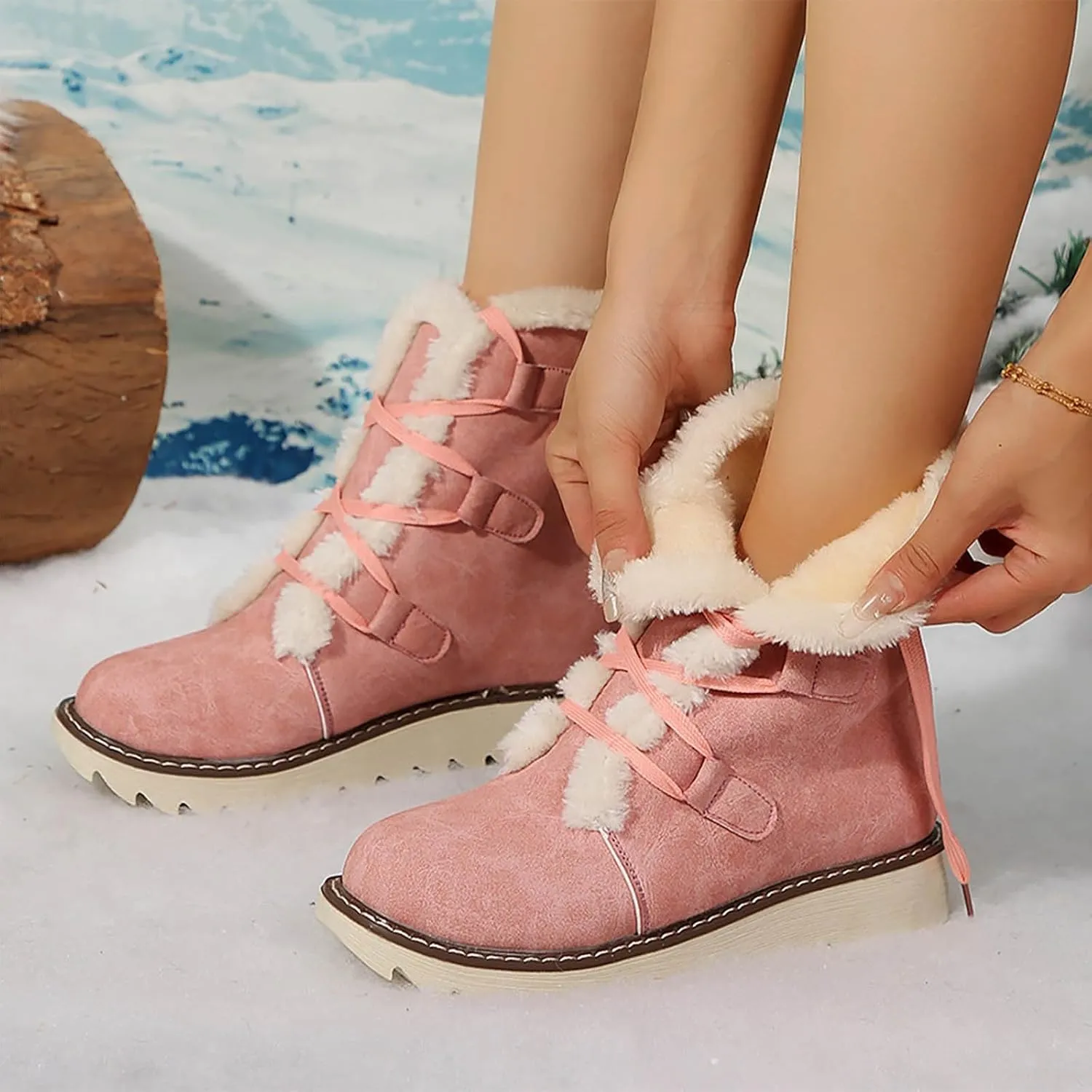 Booties for Women Winter Ankle Booties Warm Fuzzy Boots Lace up Leather Snow Boots Round Toe Booties with Zipper