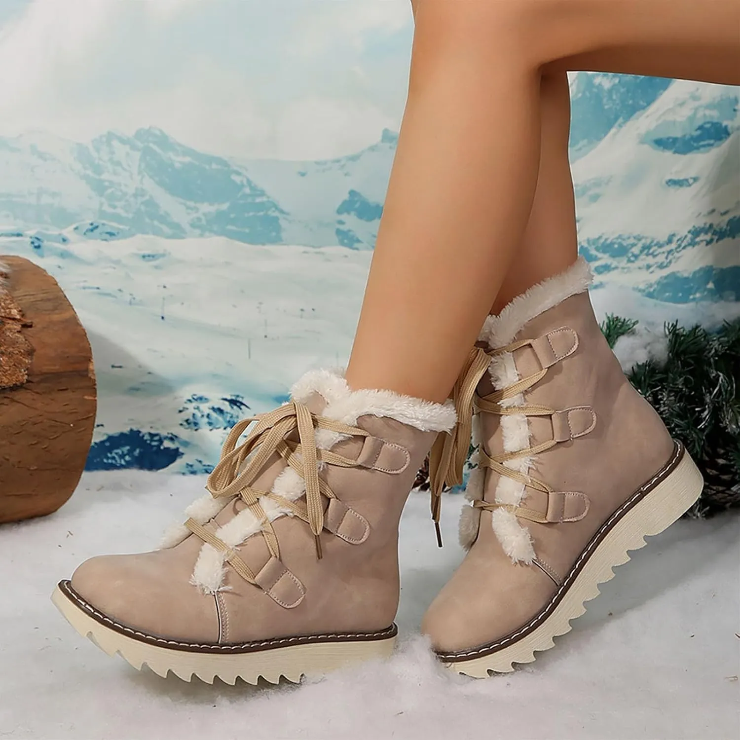 Booties for Women Winter Ankle Booties Warm Fuzzy Boots Lace up Leather Snow Boots Round Toe Booties with Zipper