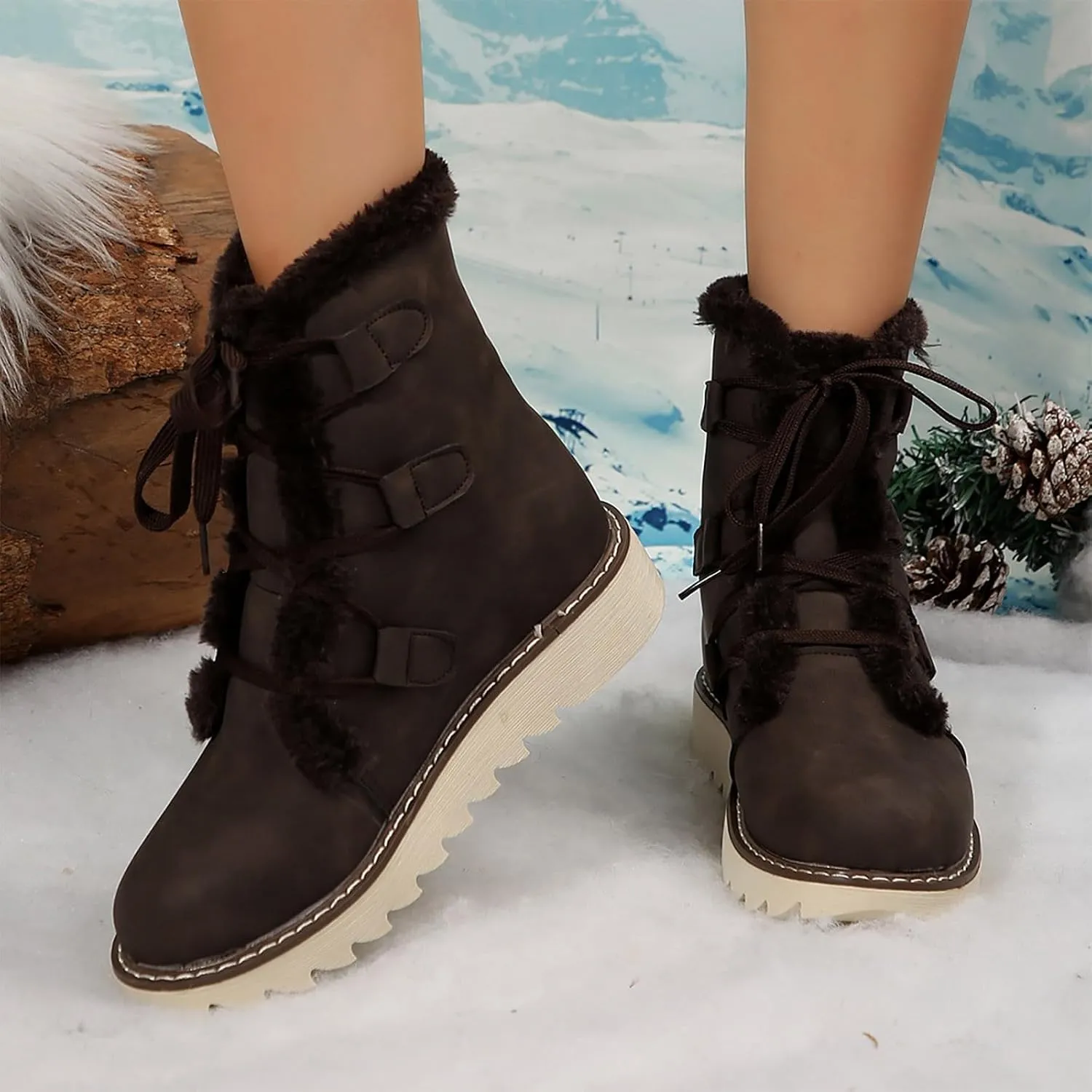 Booties for Women Winter Ankle Booties Warm Fuzzy Boots Lace up Leather Snow Boots Round Toe Booties with Zipper
