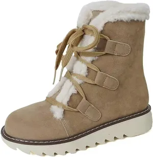 Booties for Women Winter Ankle Booties Warm Fuzzy Boots Lace up Leather Snow Boots Round Toe Booties with Zipper