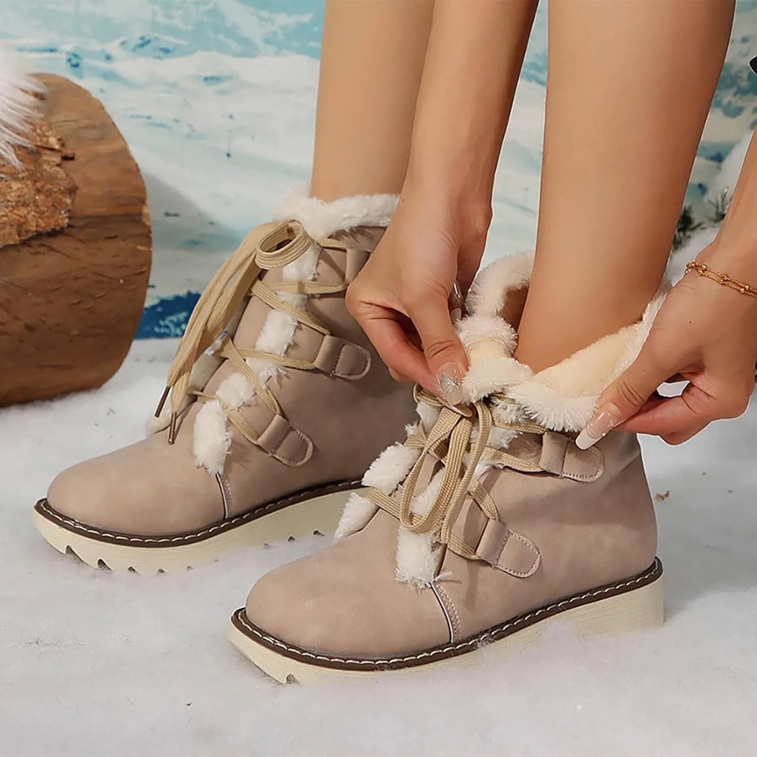 Booties for Women Winter Ankle Booties Warm Fuzzy Boots Lace up Leather Snow Boots Round Toe Booties with Zipper