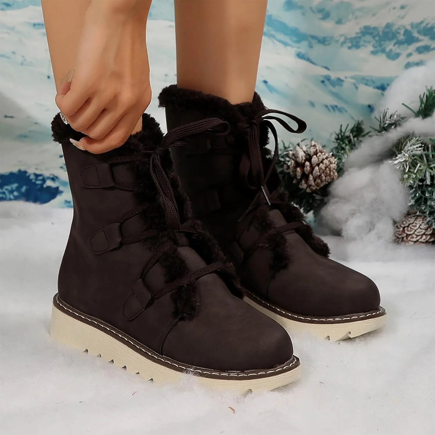 Booties for Women Winter Ankle Booties Warm Fuzzy Boots Lace up Leather Snow Boots Round Toe Booties with Zipper