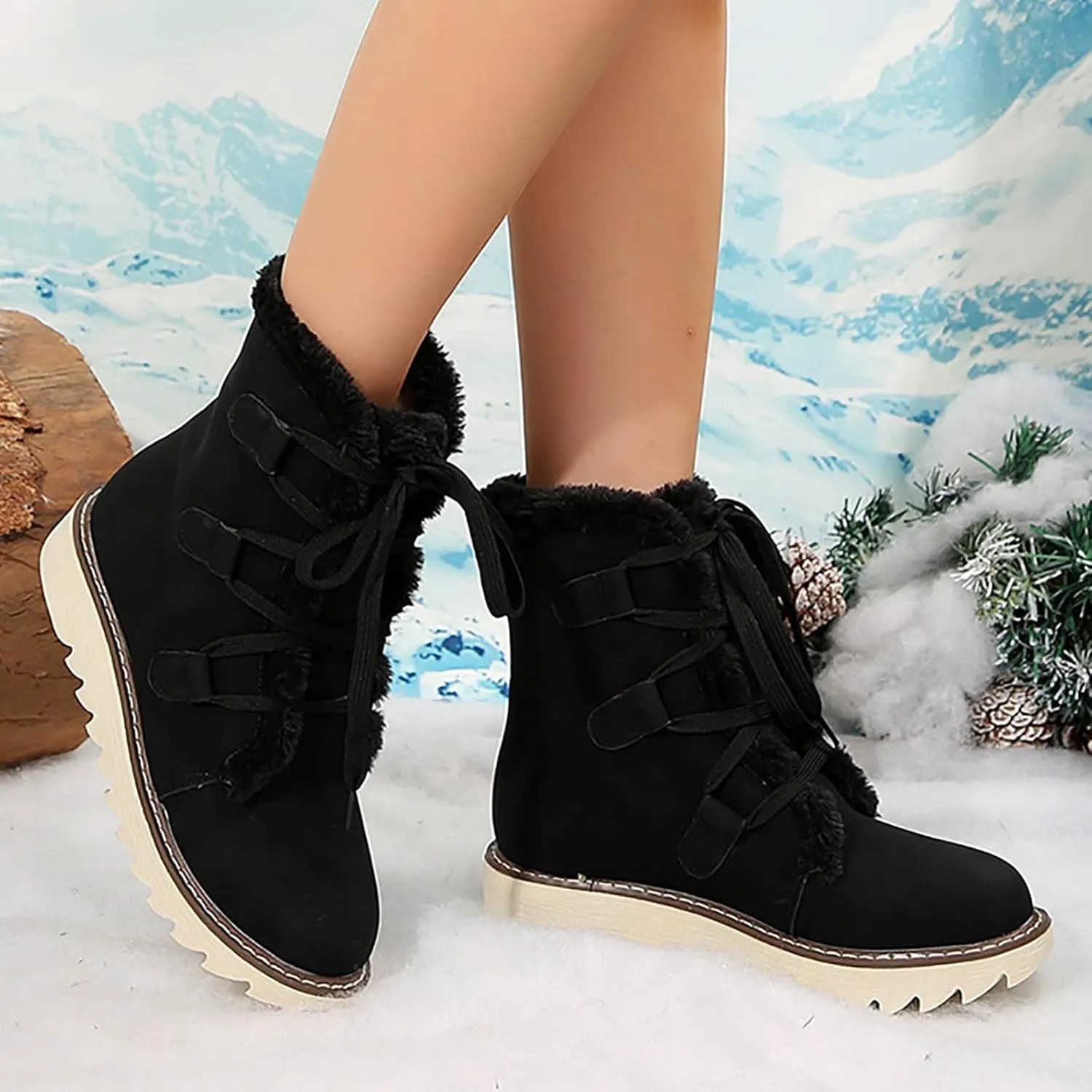 Booties for Women Winter Ankle Booties Warm Fuzzy Boots Lace up Leather Snow Boots Round Toe Booties with Zipper