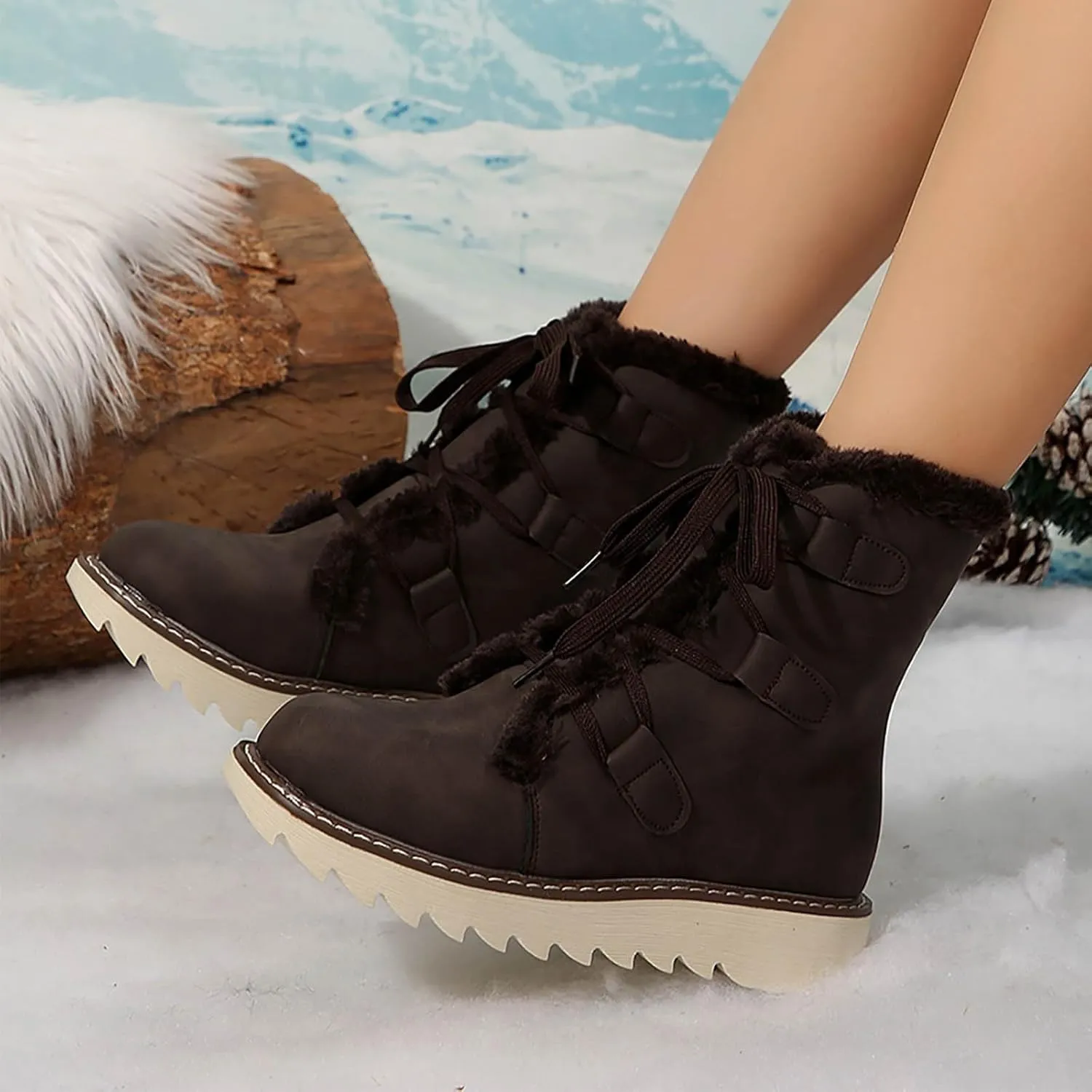 Booties for Women Winter Ankle Booties Warm Fuzzy Boots Lace up Leather Snow Boots Round Toe Booties with Zipper