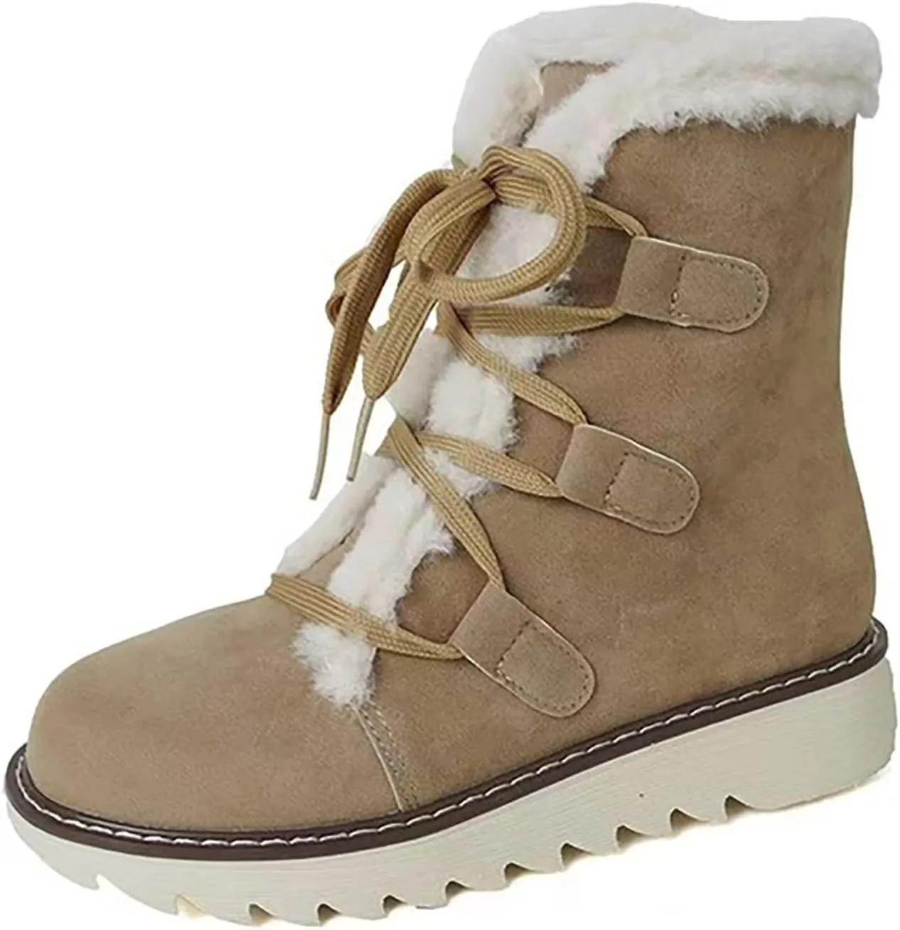 Booties for Women Winter Ankle Booties Warm Fuzzy Boots Lace up Leather Snow Boots Round Toe Booties with Zipper