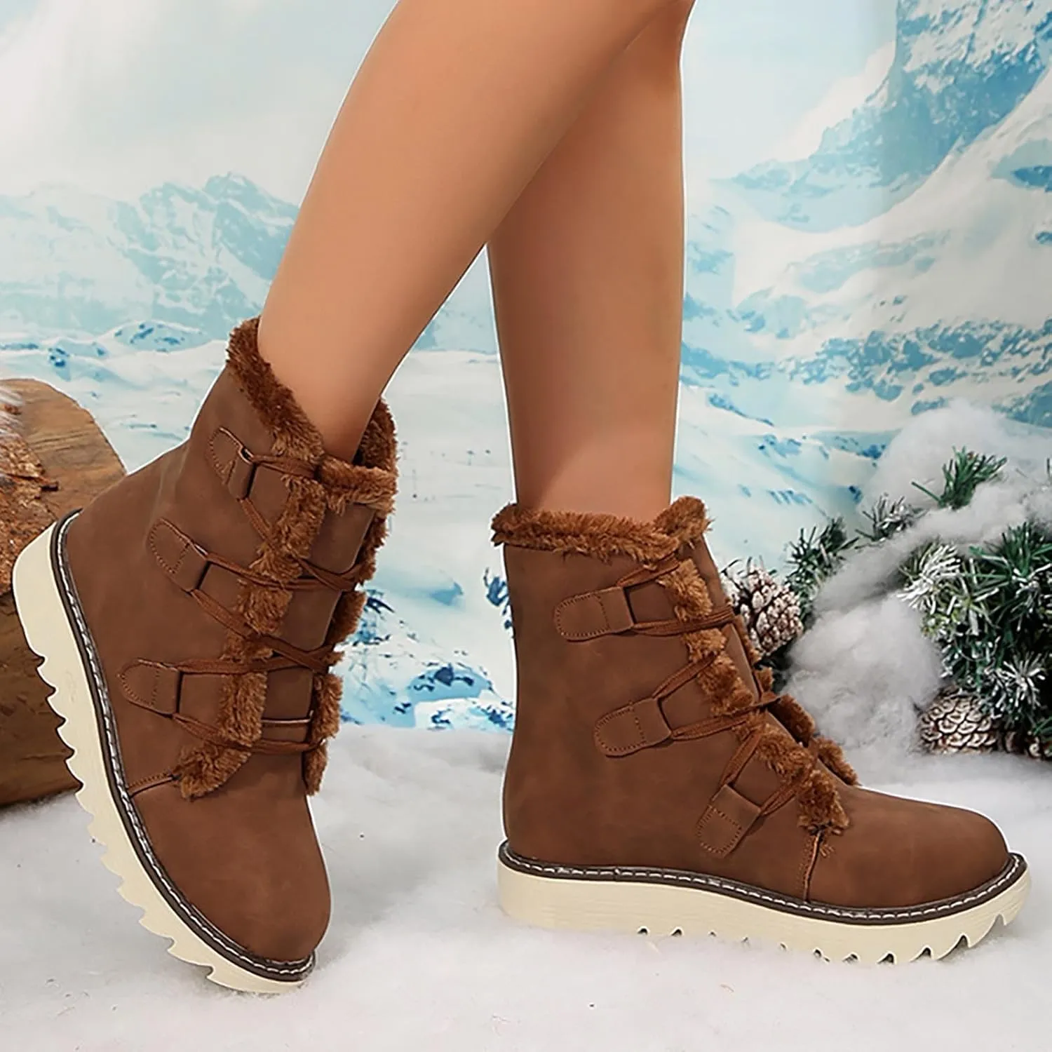 Booties for Women Winter Ankle Booties Warm Fuzzy Boots Lace up Leather Snow Boots Round Toe Booties with Zipper